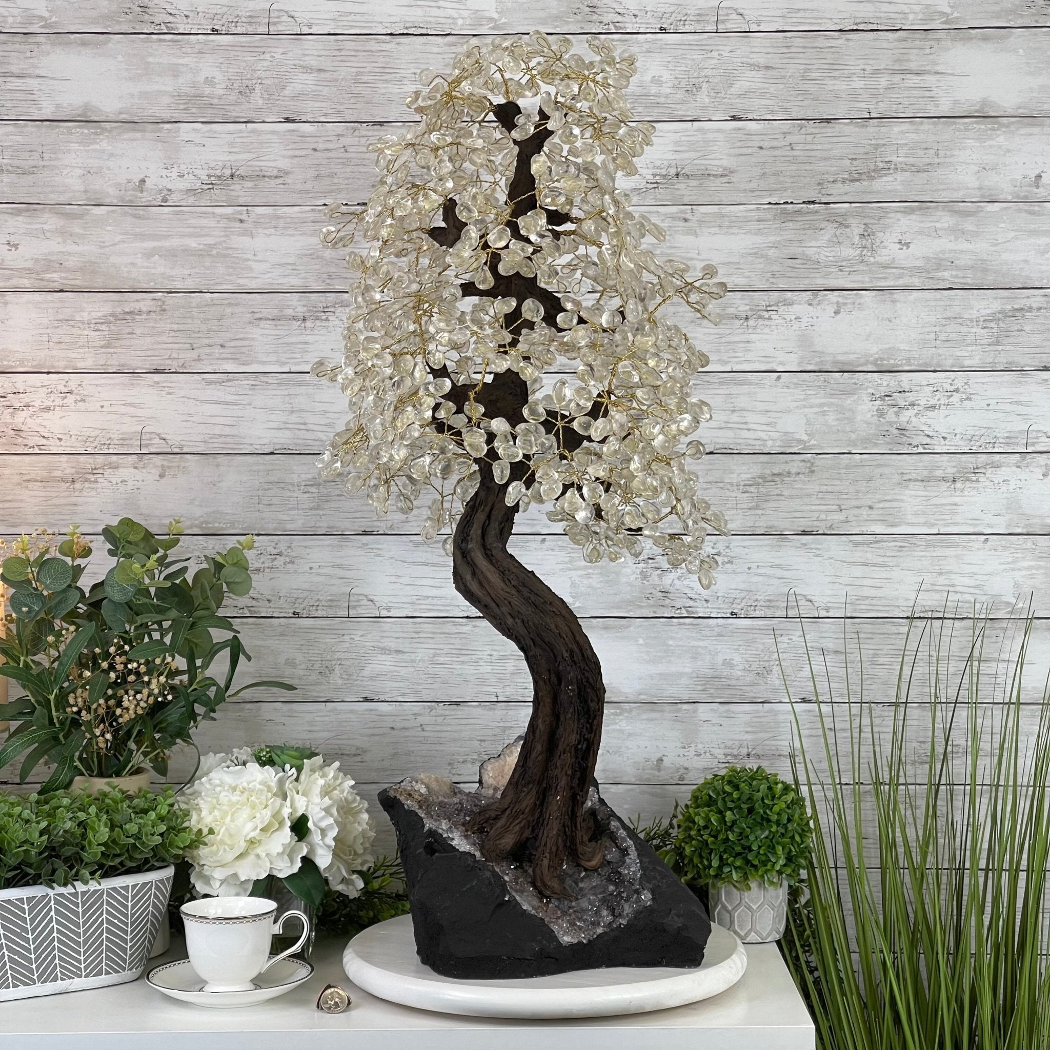 33" Tall Special Clear Quartz Gemstone Tree w/ Amethyst base, 960 Gems, Handmade #5431CQ-001 by Brazil Gems - Brazil GemsBrazil Gems33" Tall Special Clear Quartz Gemstone Tree w/ Amethyst base, 960 Gems, Handmade #5431CQ-001 by Brazil GemsGemstone Trees5431CQ-001