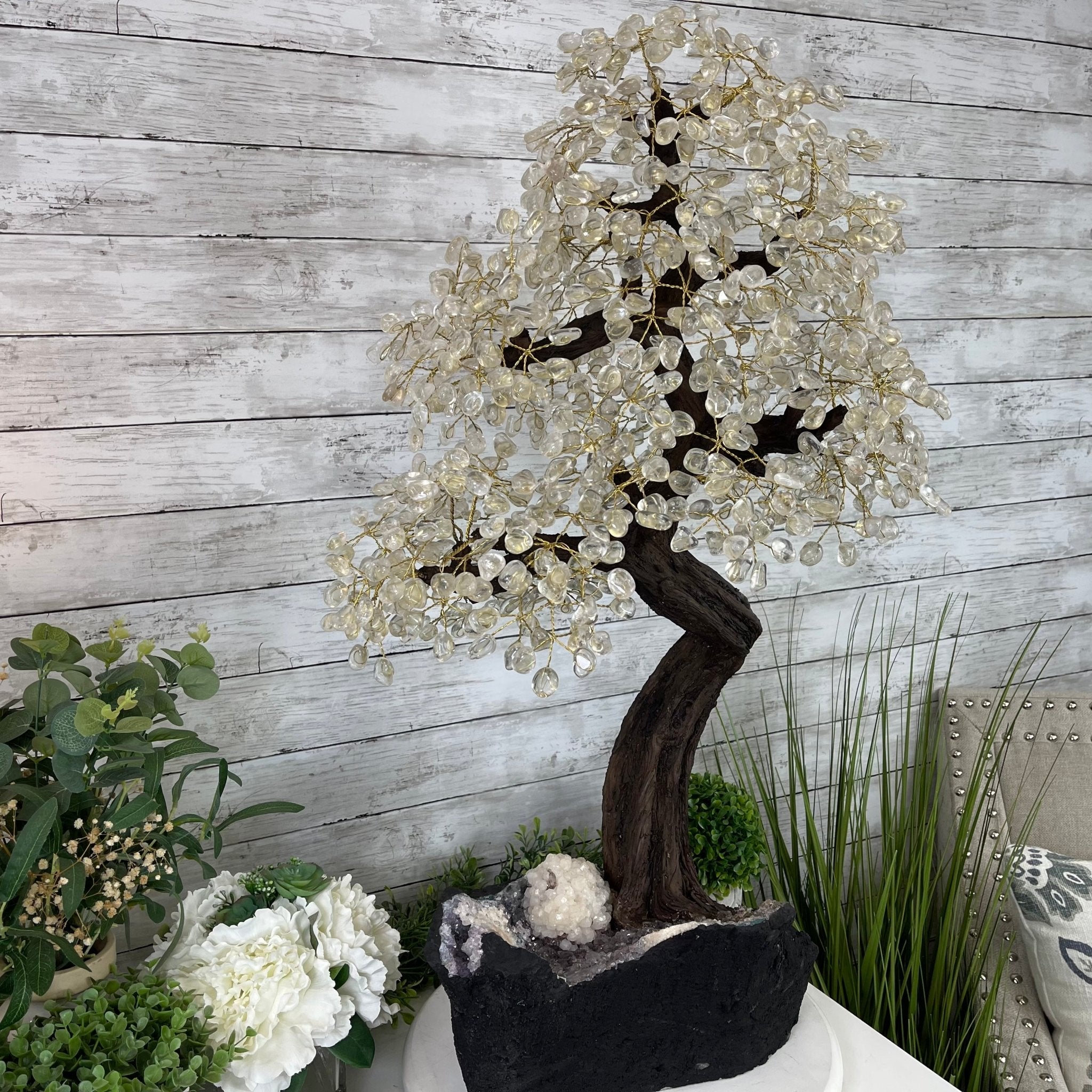 33" Tall Special Clear Quartz Gemstone Tree w/ Amethyst base, 960 Gems, Handmade #5431CQ-001 by Brazil Gems - Brazil GemsBrazil Gems33" Tall Special Clear Quartz Gemstone Tree w/ Amethyst base, 960 Gems, Handmade #5431CQ-001 by Brazil GemsGemstone Trees5431CQ-001