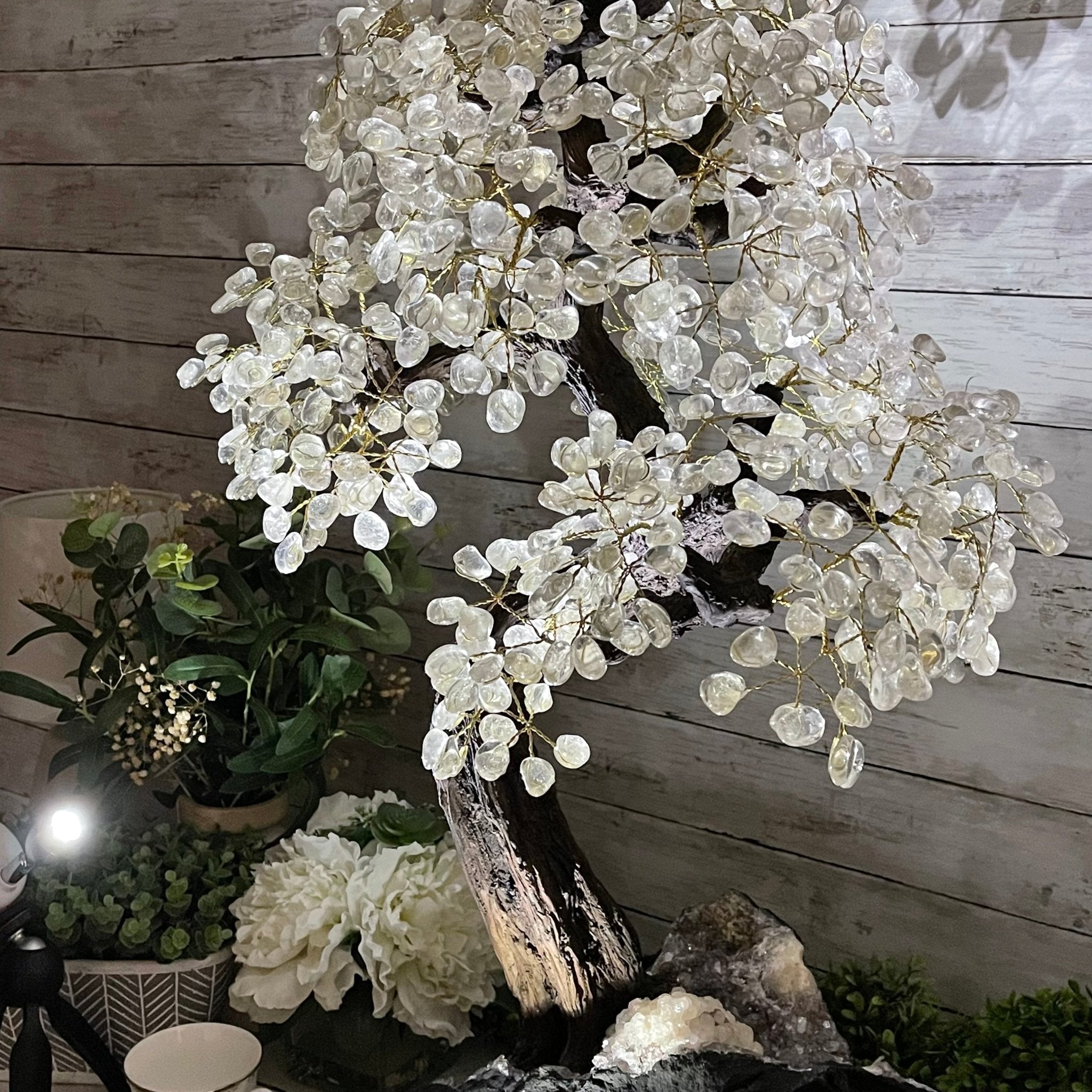 33" Tall Special Clear Quartz Gemstone Tree w/ Amethyst base, 960 Gems, Handmade #5431CQ-001 by Brazil Gems - Brazil GemsBrazil Gems33" Tall Special Clear Quartz Gemstone Tree w/ Amethyst base, 960 Gems, Handmade #5431CQ-001 by Brazil GemsGemstone Trees5431CQ-001