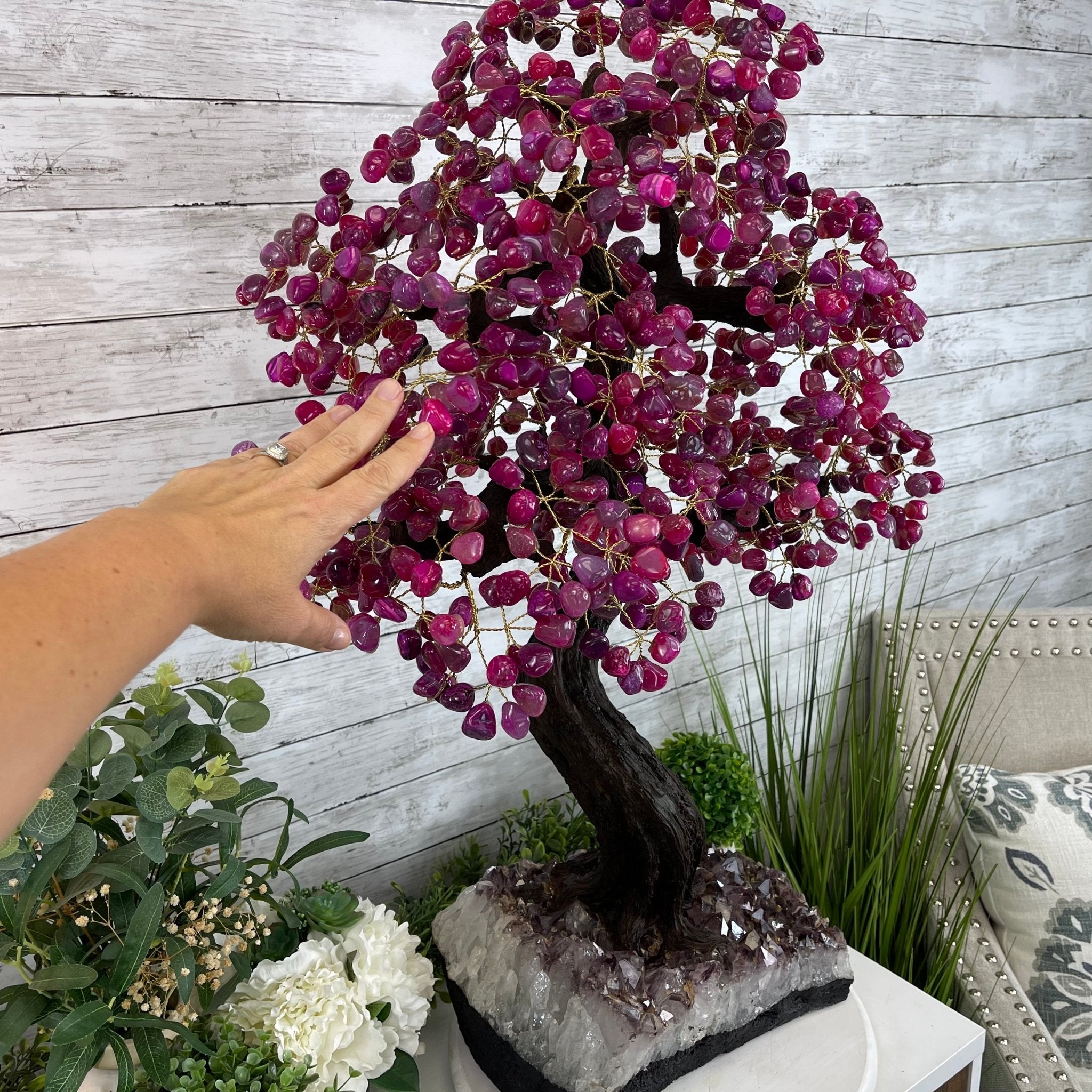 33" Tall Special Pink Agate Gemstone Tree w/ Amethyst base, 930 Gems, Handmade #5430PA-001 by Brazil Gems - Brazil GemsBrazil Gems33" Tall Special Pink Agate Gemstone Tree w/ Amethyst base, 930 Gems, Handmade #5430PA-001 by Brazil GemsGemstone Trees5430PA-001