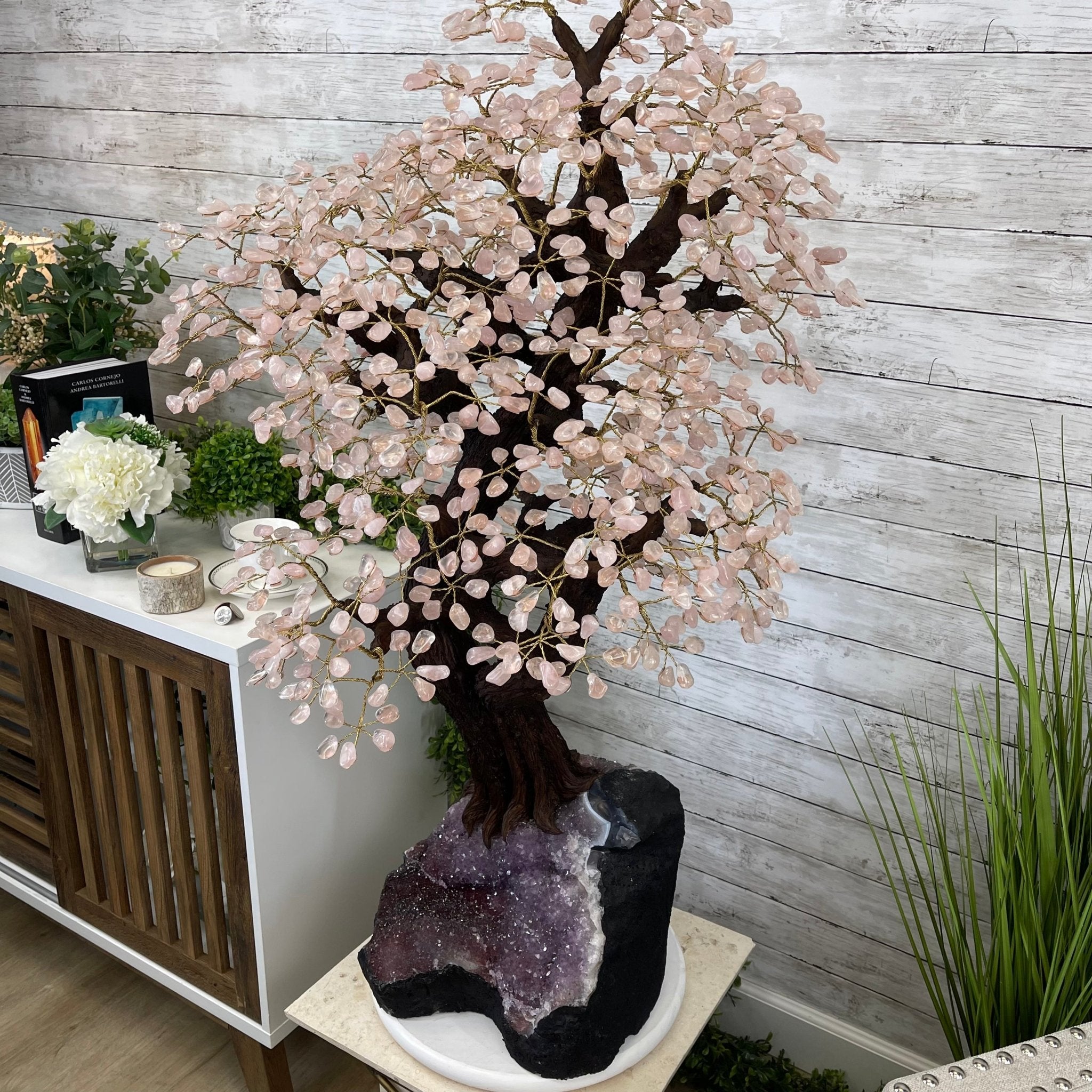 43" Tall Special Rose Quartz Gemstone Tree w/ Amethyst base, 1380 Gems, Handmade #5442RQ-001 by Brazil Gems - Brazil GemsBrazil Gems43" Tall Special Rose Quartz Gemstone Tree w/ Amethyst base, 1380 Gems, Handmade #5442RQ-001 by Brazil GemsGemstone Trees5442RQ-001