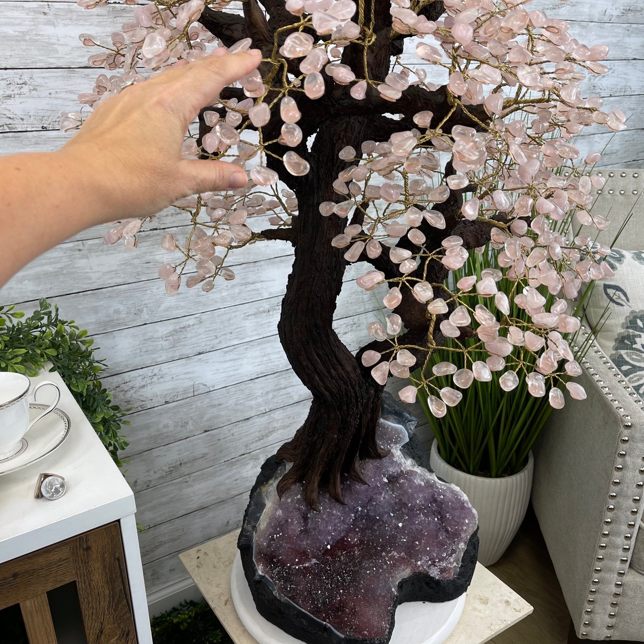 43" Tall Special Rose Quartz Gemstone Tree w/ Amethyst base, 1380 Gems, Handmade #5442RQ-001 by Brazil Gems - Brazil GemsBrazil Gems43" Tall Special Rose Quartz Gemstone Tree w/ Amethyst base, 1380 Gems, Handmade #5442RQ-001 by Brazil GemsGemstone Trees5442RQ-001