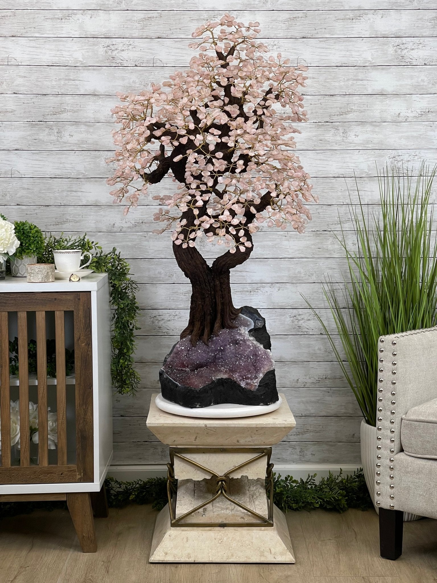 43" Tall Special Rose Quartz Gemstone Tree w/ Amethyst base, 1380 Gems, Handmade #5442RQ-001 by Brazil Gems - Brazil GemsBrazil Gems43" Tall Special Rose Quartz Gemstone Tree w/ Amethyst base, 1380 Gems, Handmade #5442RQ-001 by Brazil GemsGemstone Trees5442RQ-001
