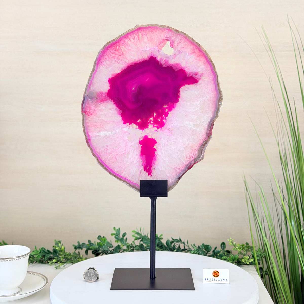 5065PA-050 Pink Agate Slice on a stand
