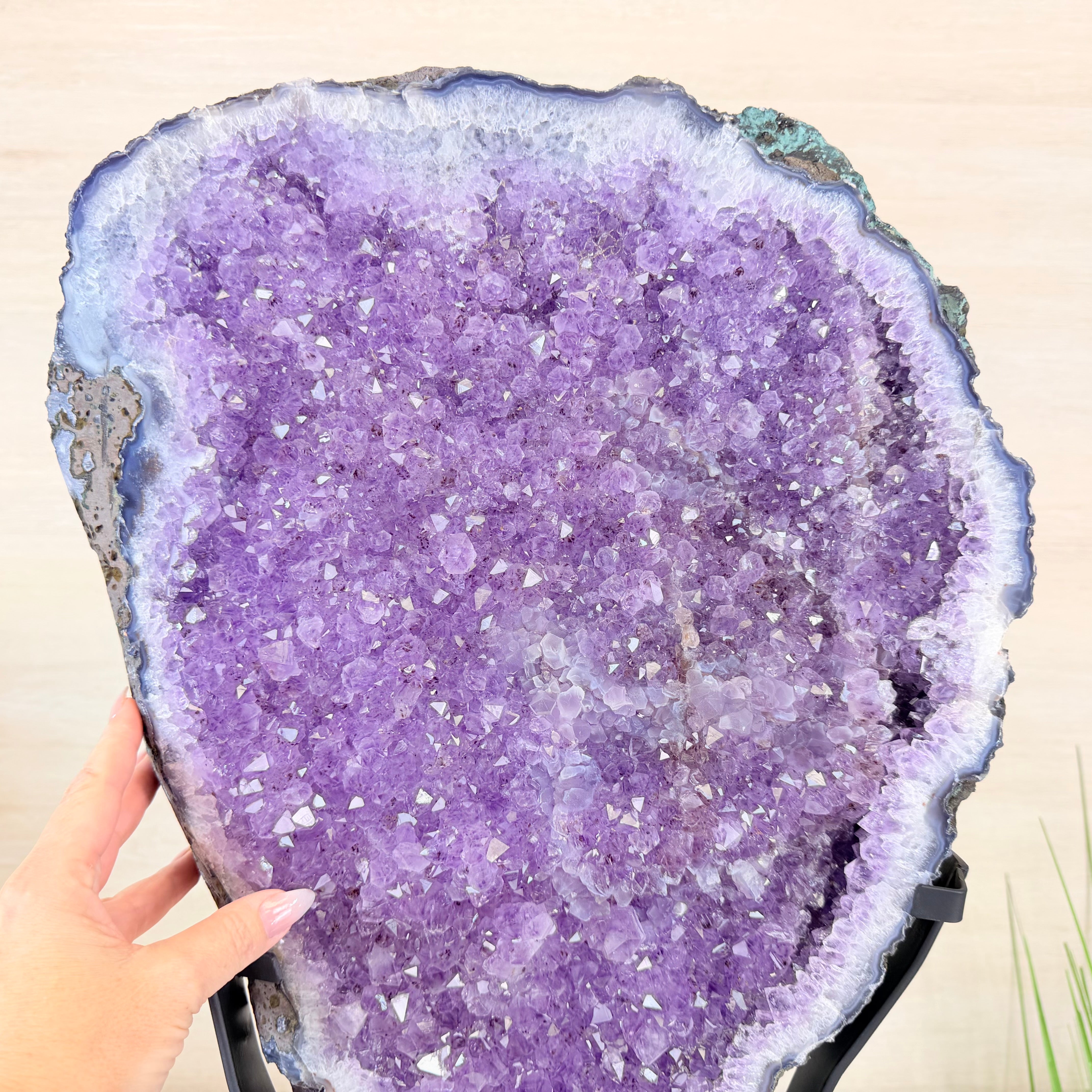 Large purple crystal geode held by a hand against a neutral background