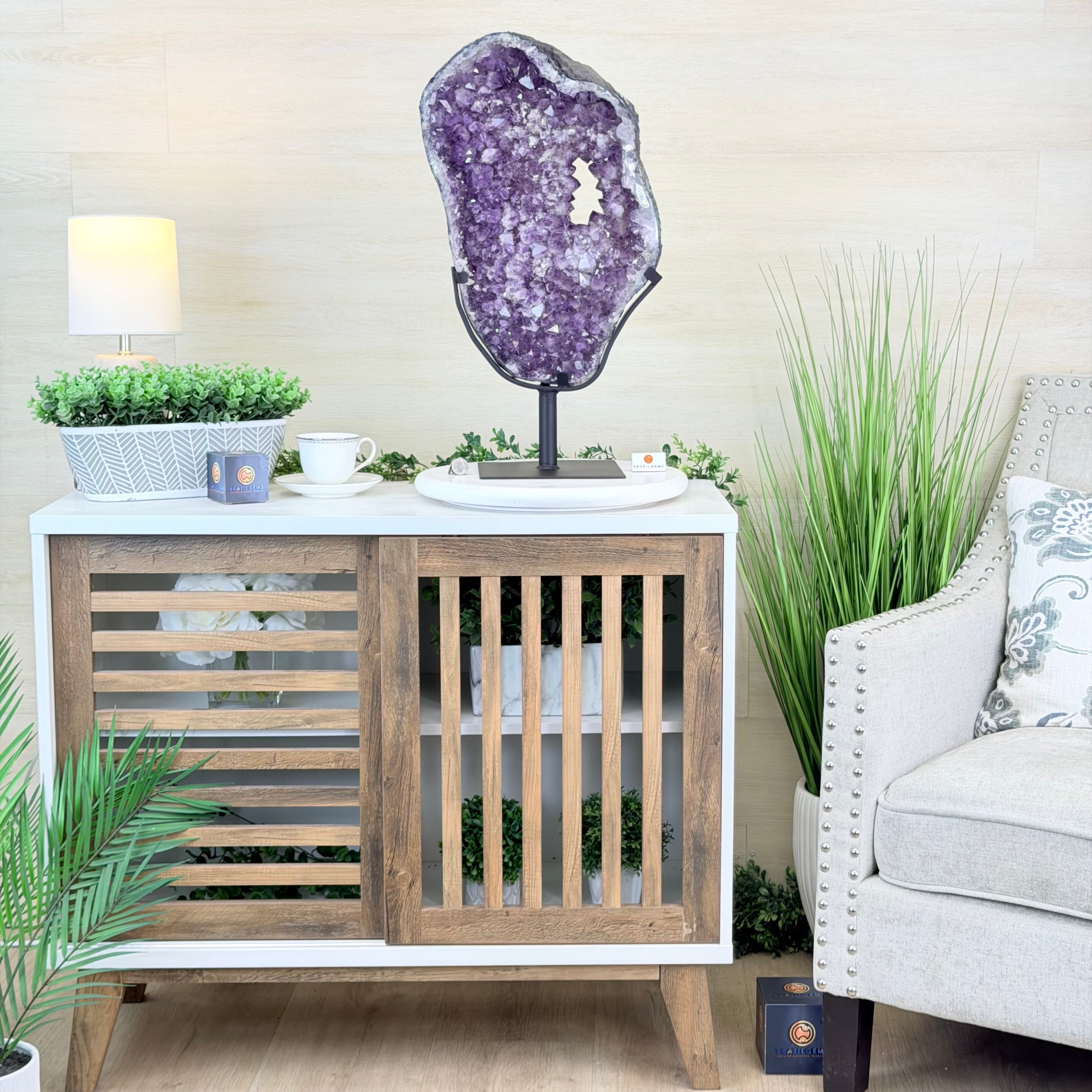 Living room with wooden side table, decorative amethyst crystal, and plants.