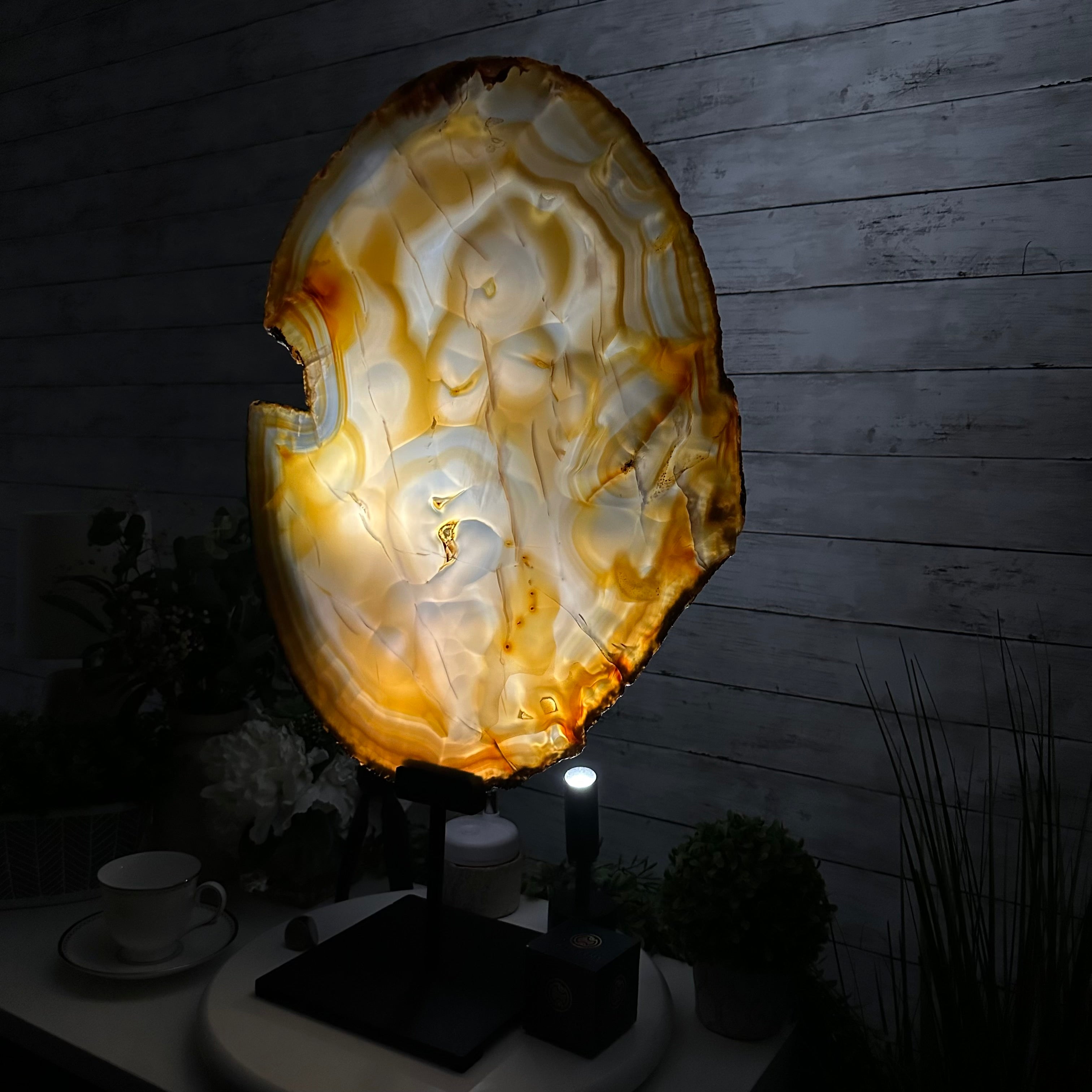 Special Large Natural Brazilian Agate Slice on a Metal Stand, 29.1" Tall #5056-0043 - Brazil GemsBrazil GemsSpecial Large Natural Brazilian Agate Slice on a Metal Stand, 29.1" Tall #5056-0043Slices on Fixed Bases5056-0043