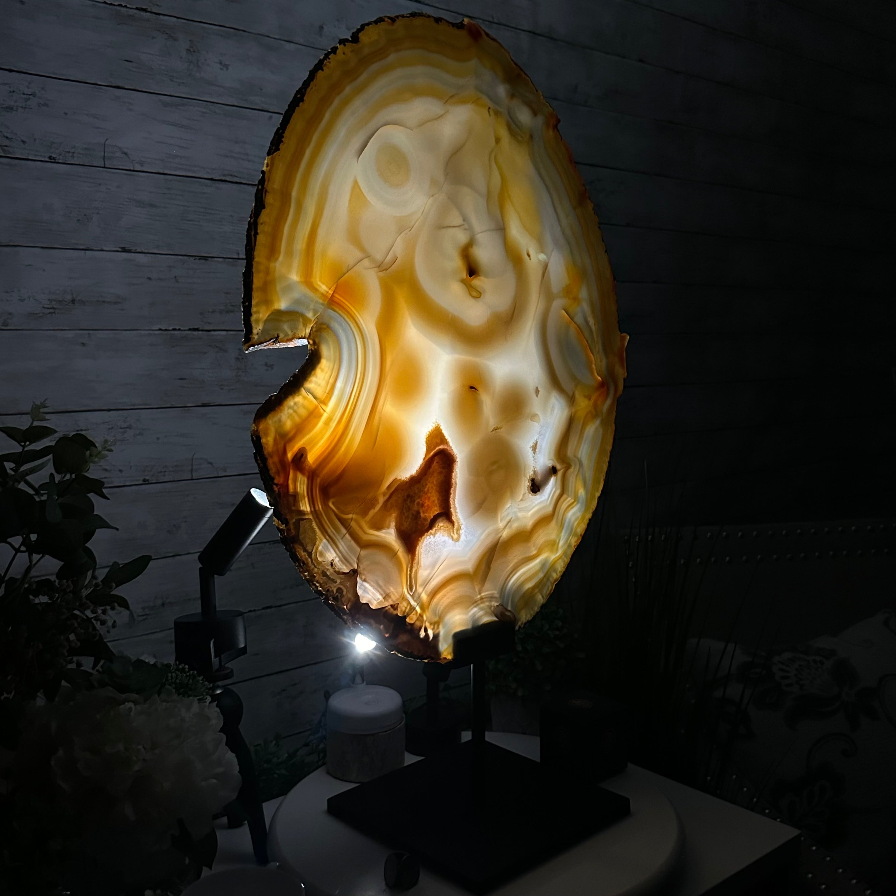 Special Large Natural Brazilian Agate Slice on a Metal Stand, 28.5" Tall #5056-0044 - Brazil GemsBrazil GemsSpecial Large Natural Brazilian Agate Slice on a Metal Stand, 28.5" Tall #5056-0044Slices on Fixed Bases5056-0044
