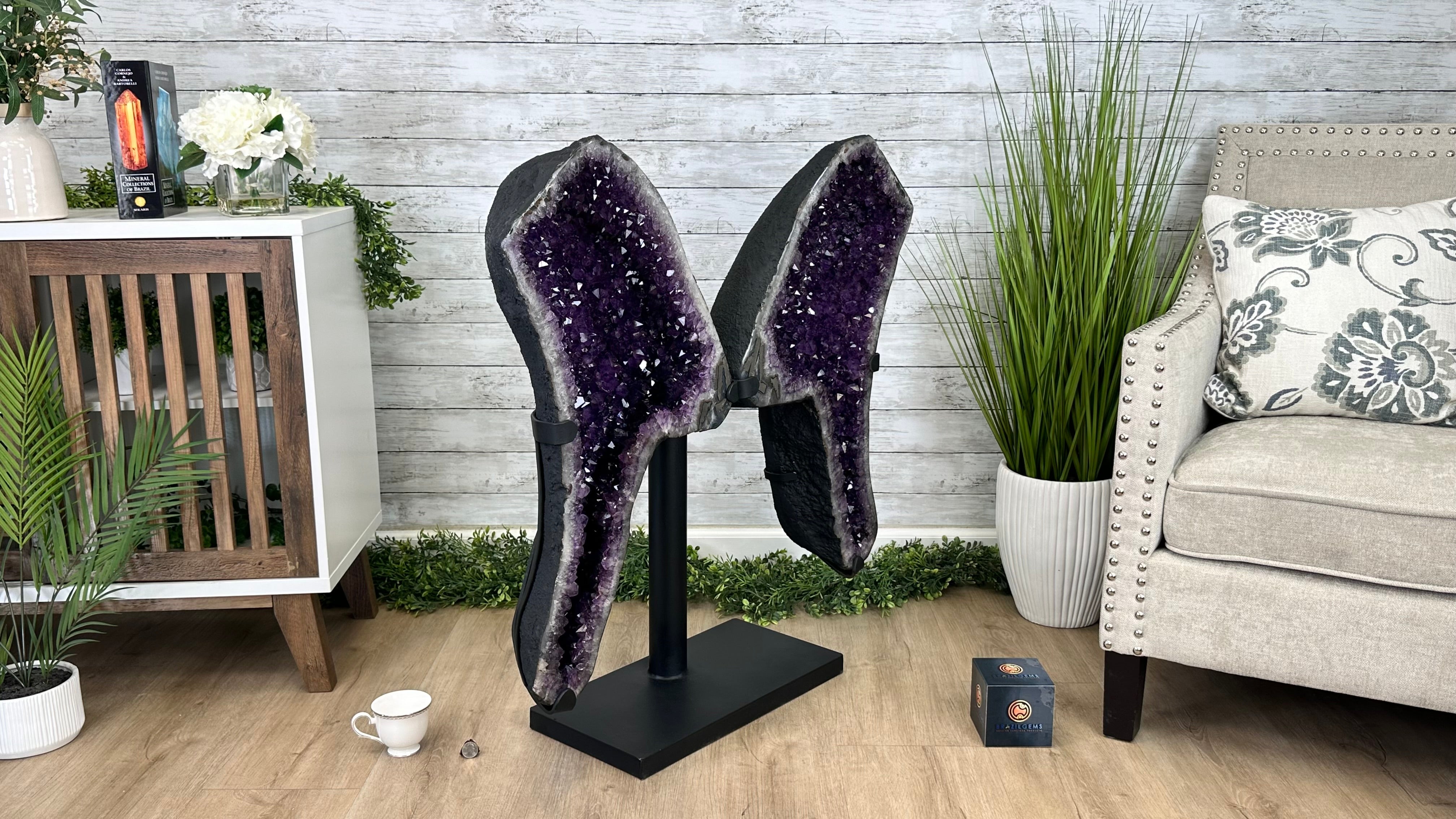 Extra Plus Quality Amethyst Wings on a Metal Stand, 178 lbs, 36" Tall #5493-0040 - Brazil GemsBrazil GemsExtra Plus Quality Amethyst Wings on a Metal Stand, 178 lbs, 36" Tall #5493-0040Amethyst Butterfly Wings5493-0040