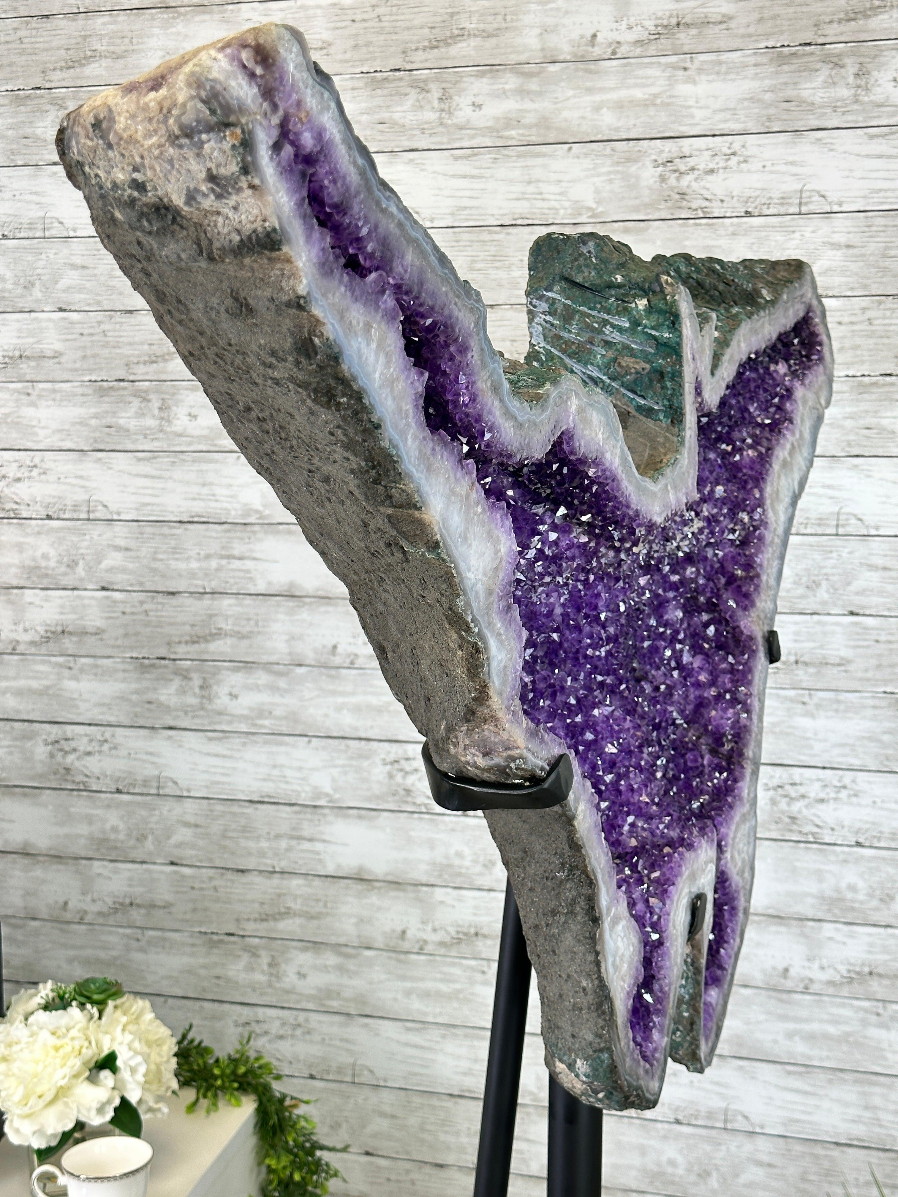 "The Bat" Amethyst Cluster, Metal Base, 163 lbs & 69" Tall #5491-0145 - Brazil GemsBrazil Gems"The Bat" Amethyst Cluster, Metal Base, 163 lbs & 69" Tall #5491-0145Clusters on Fixed Bases5491-0145