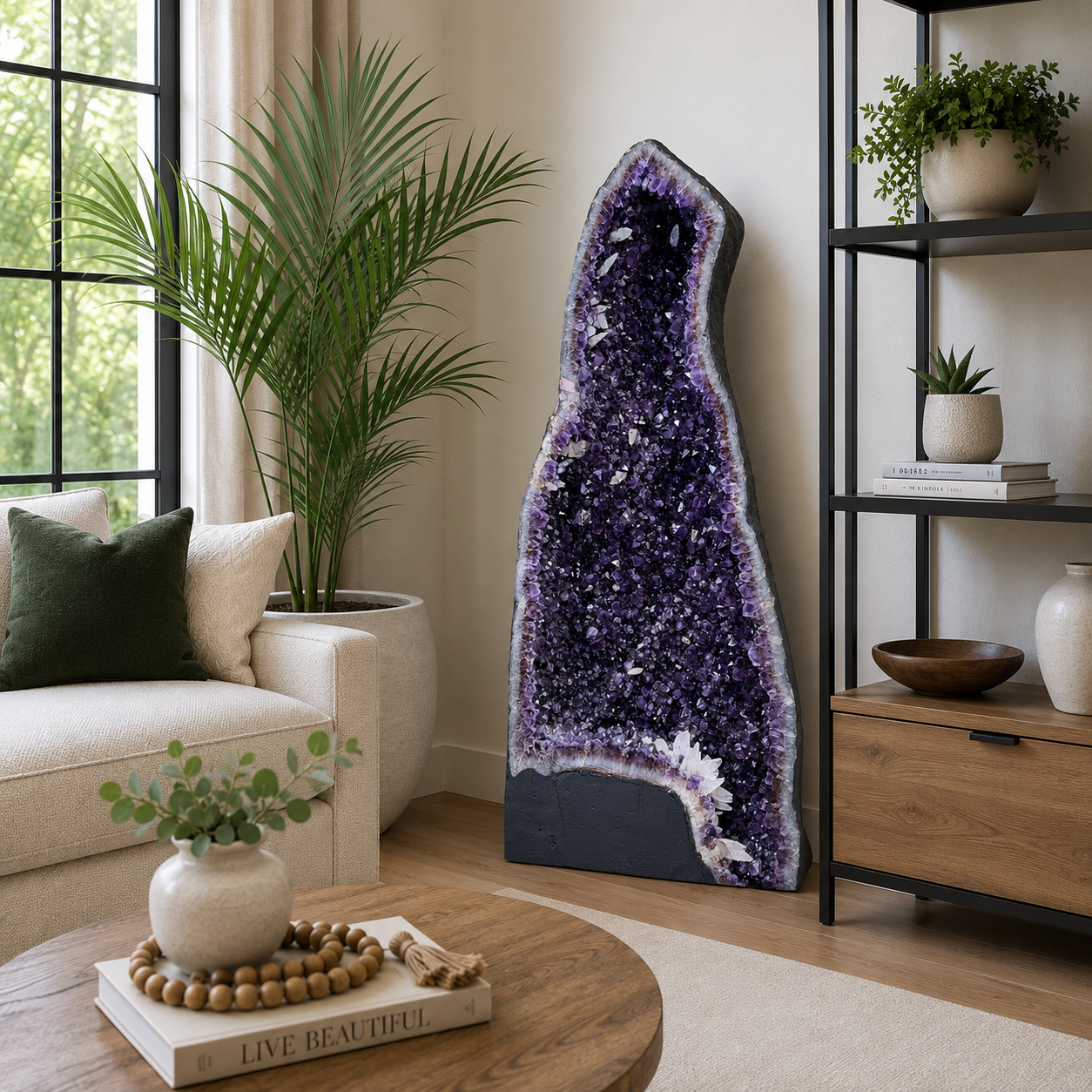 A large natural amethyst geode wall decor piece displayed in a modern, sunlit living room next to a sofa and shelving.