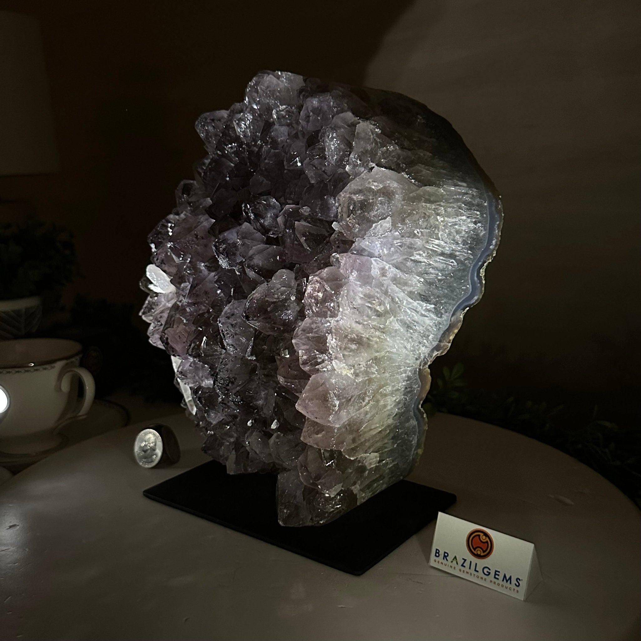 Amethyst Cluster on a Metal Base, 11.6 lbs & 8.8" Tall #5491D - 0234 - Brazil GemsBrazil GemsAmethyst Cluster on a Metal Base, 11.6 lbs & 8.8" Tall #5491D - 0234Clusters on Fixed Bases5491D - 0234
