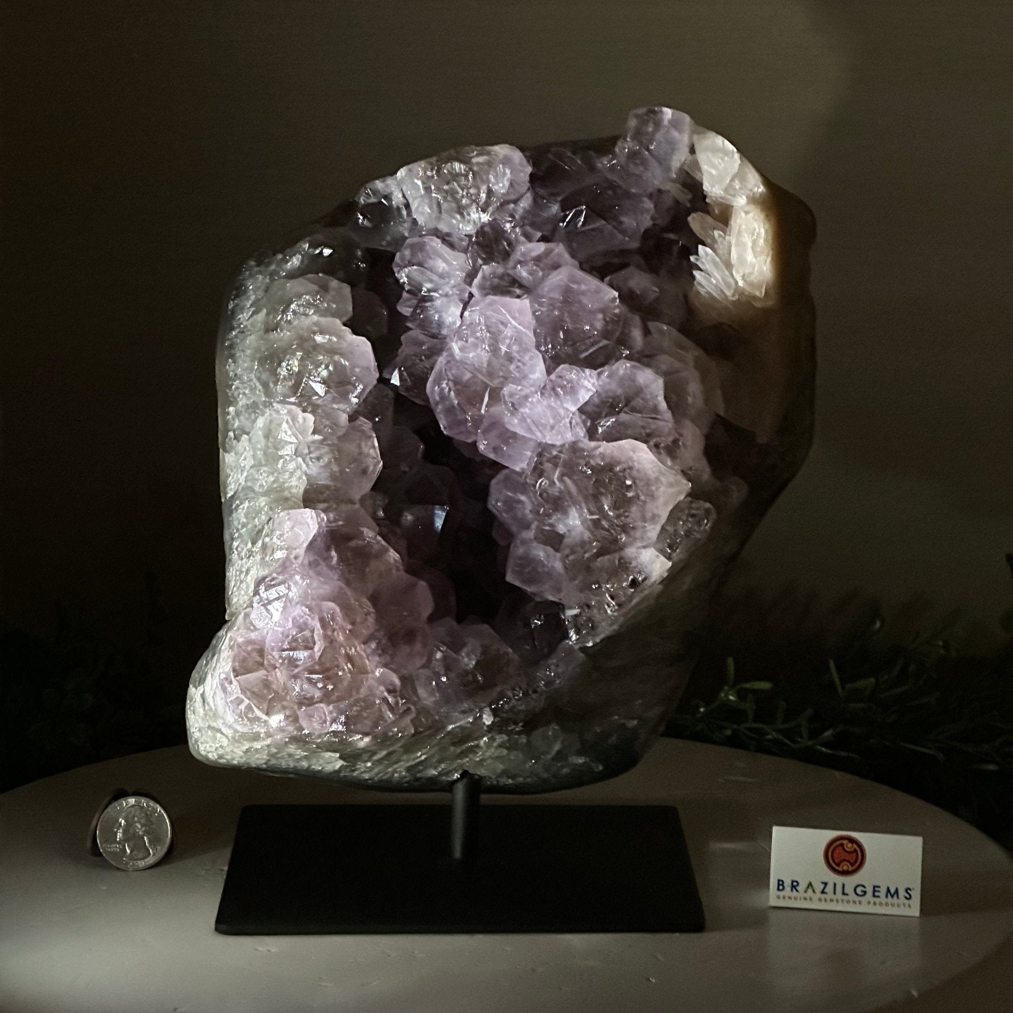 Amethyst Cluster on a Metal Base, 13 lbs & 9.9" Tall #5491 - 0215 - Brazil GemsBrazil GemsAmethyst Cluster on a Metal Base, 13 lbs & 9.9" Tall #5491 - 0215Clusters on Fixed Bases5491 - 0215