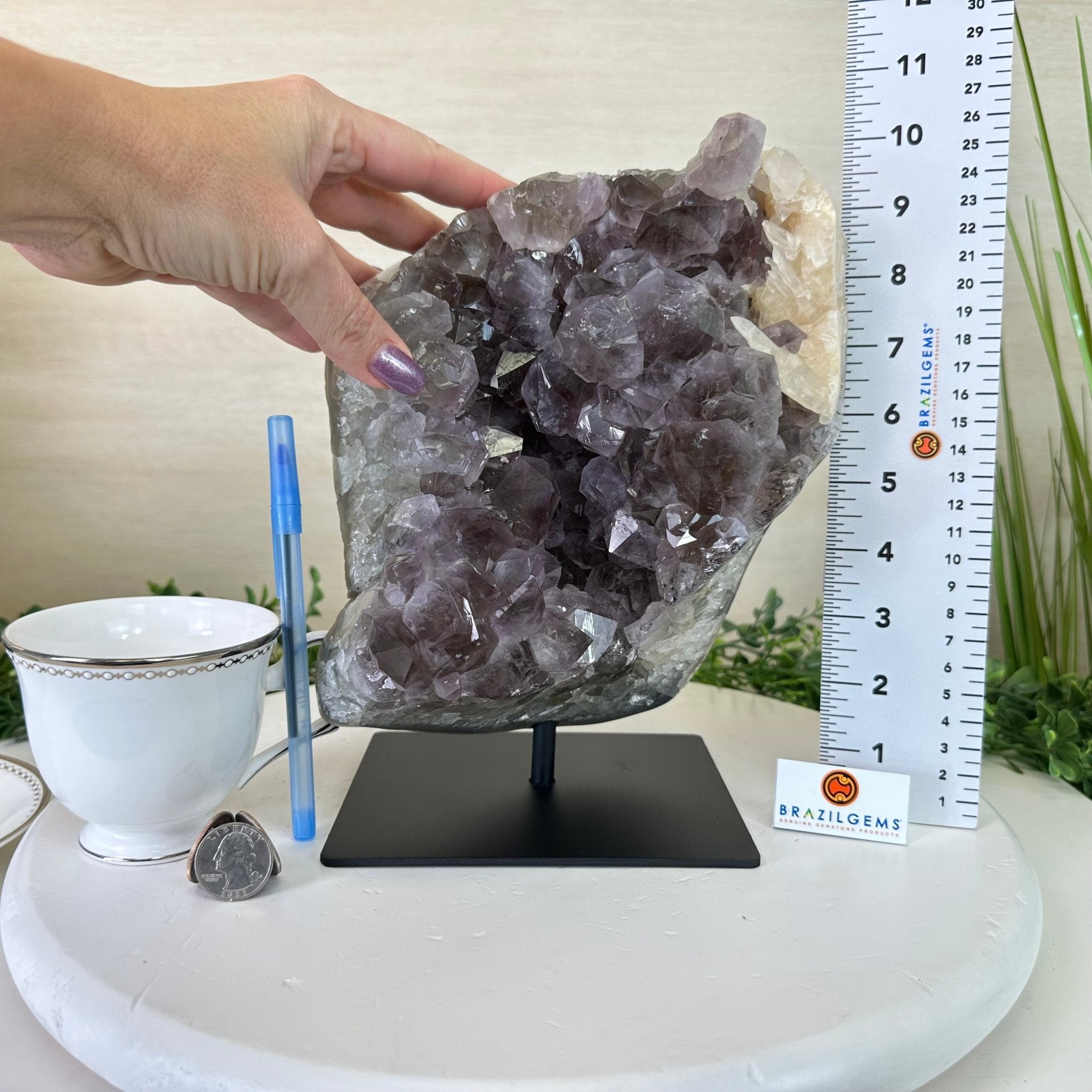 Amethyst Cluster on a Metal Base, 13 lbs & 9.9" Tall #5491 - 0215 - Brazil GemsBrazil GemsAmethyst Cluster on a Metal Base, 13 lbs & 9.9" Tall #5491 - 0215Clusters on Fixed Bases5491 - 0215