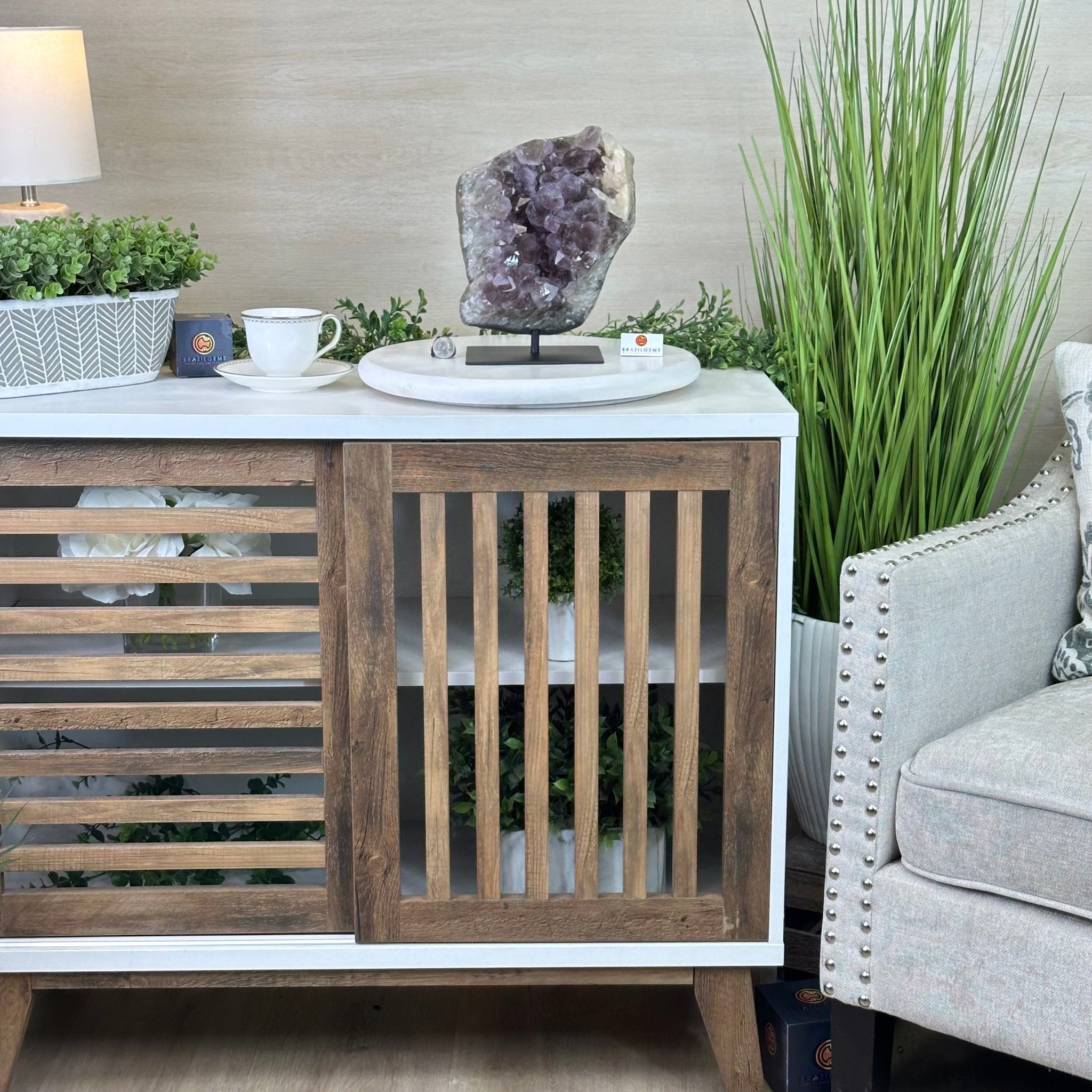 Amethyst Cluster on a Metal Base, 13 lbs & 9.9" Tall #5491 - 0215 - Brazil GemsBrazil GemsAmethyst Cluster on a Metal Base, 13 lbs & 9.9" Tall #5491 - 0215Clusters on Fixed Bases5491 - 0215