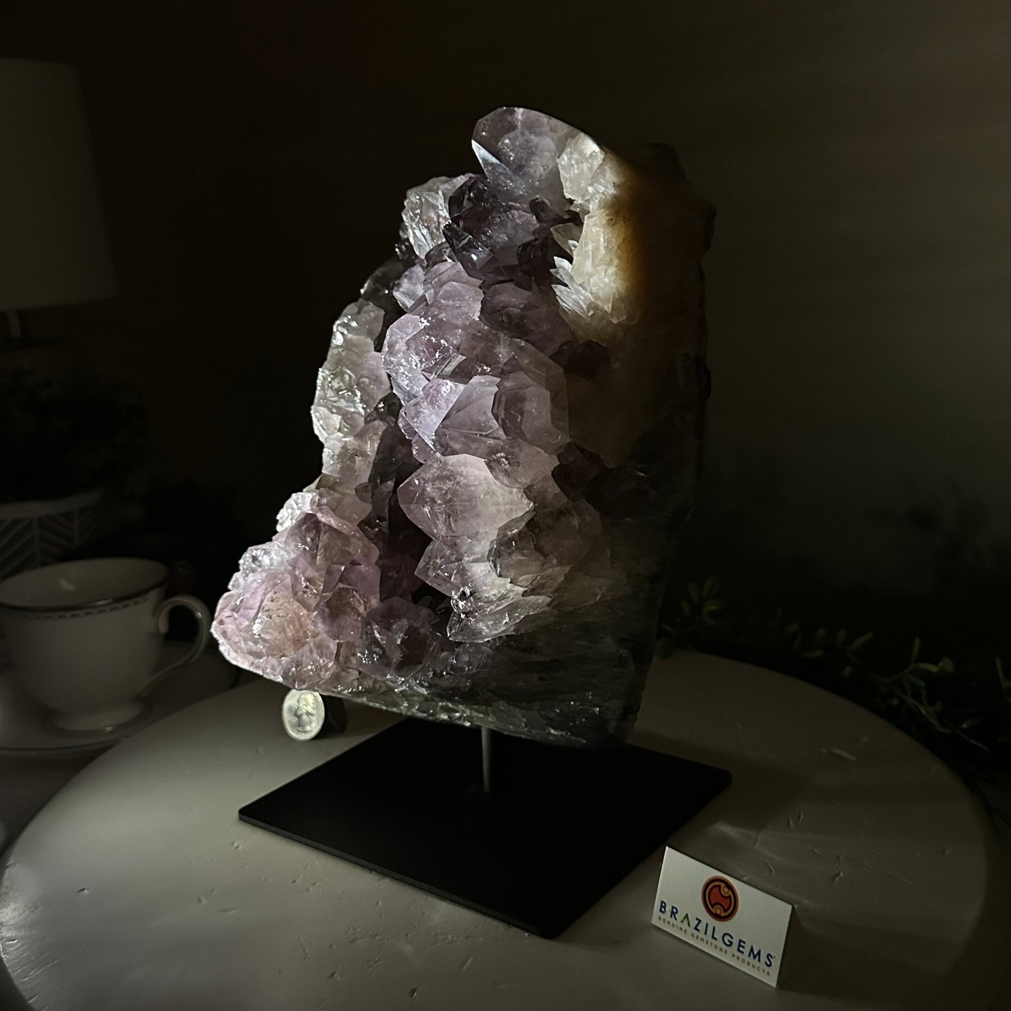 Amethyst Cluster on a Metal Base, 13 lbs & 9.9" Tall #5491 - 0215 - Brazil GemsBrazil GemsAmethyst Cluster on a Metal Base, 13 lbs & 9.9" Tall #5491 - 0215Clusters on Fixed Bases5491 - 0215