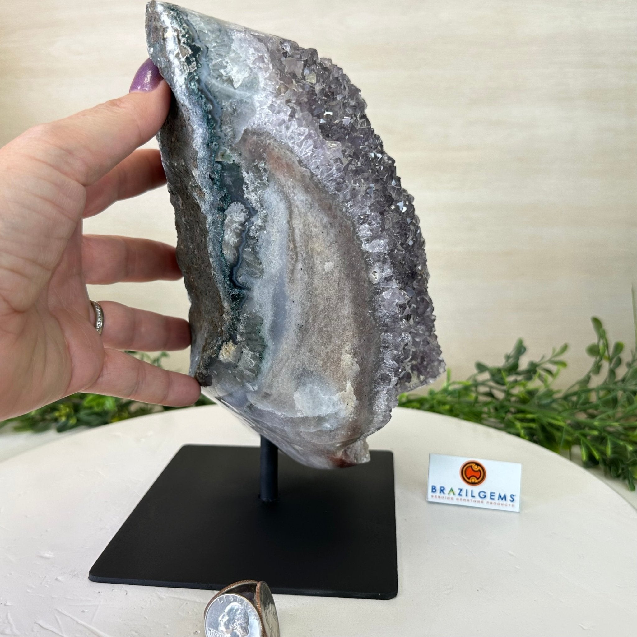 Amethyst Cluster on a Metal Base, 13.2 lbs & 9.1" Tall #5491 - 0216 - Brazil GemsBrazil GemsAmethyst Cluster on a Metal Base, 13.2 lbs & 9.1" Tall #5491 - 0216Clusters on Fixed Bases5491 - 0216