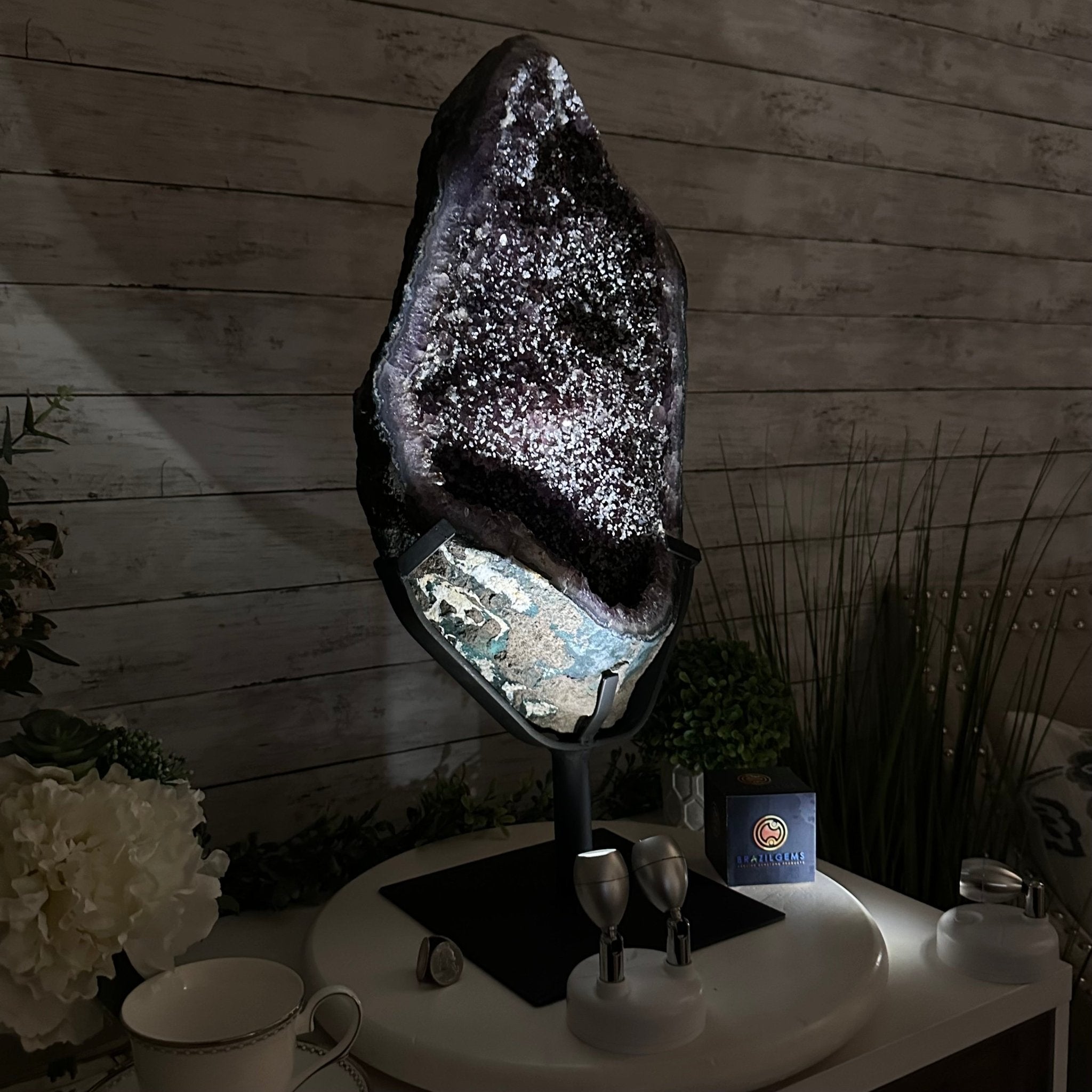 Amethyst Cluster on a Metal Base, 28.8 lbs & 22.5" Tall, #5491 - 0102 - Brazil GemsBrazil GemsAmethyst Cluster on a Metal Base, 28.8 lbs & 22.5" Tall, #5491 - 0102Clusters on Fixed Bases5491 - 0102