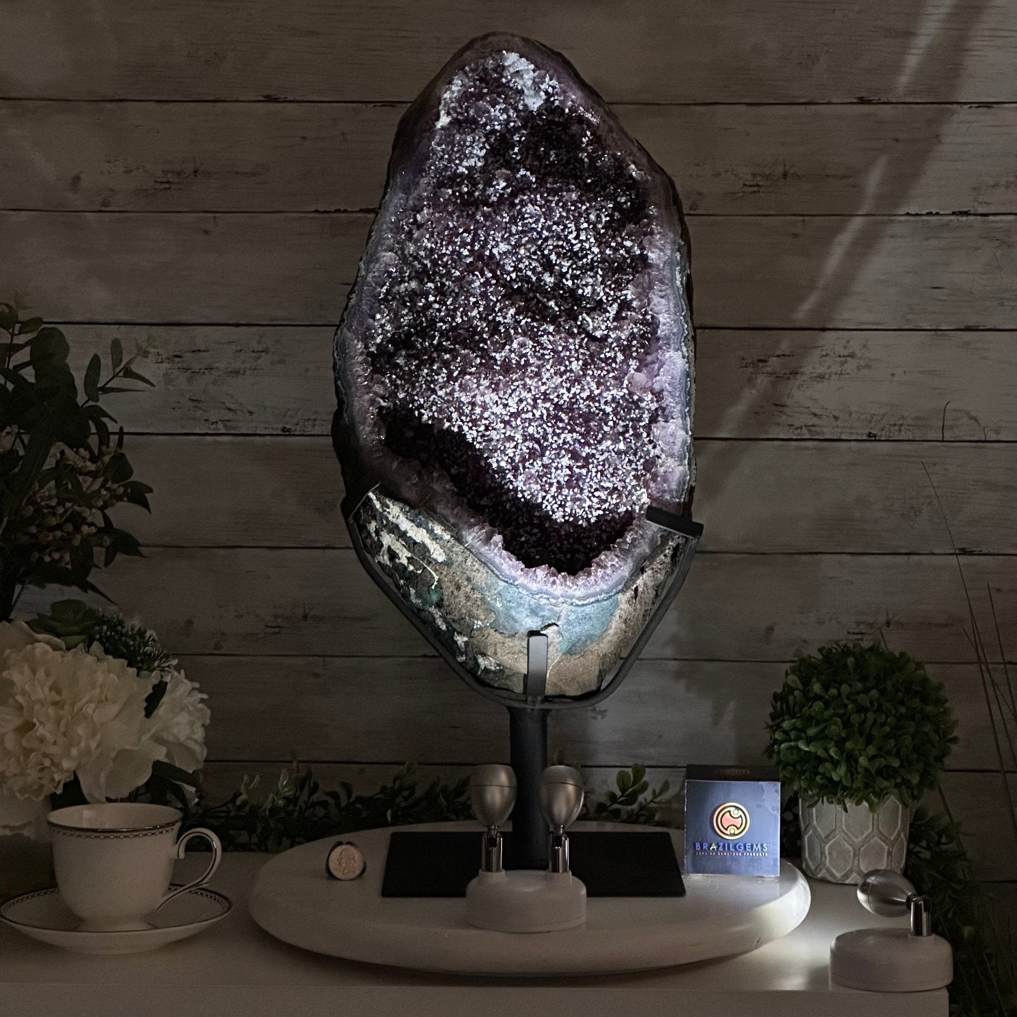 Amethyst Cluster on a Metal Base, 28.8 lbs & 22.5" Tall, #5491 - 0102 - Brazil GemsBrazil GemsAmethyst Cluster on a Metal Base, 28.8 lbs & 22.5" Tall, #5491 - 0102Clusters on Fixed Bases5491 - 0102
