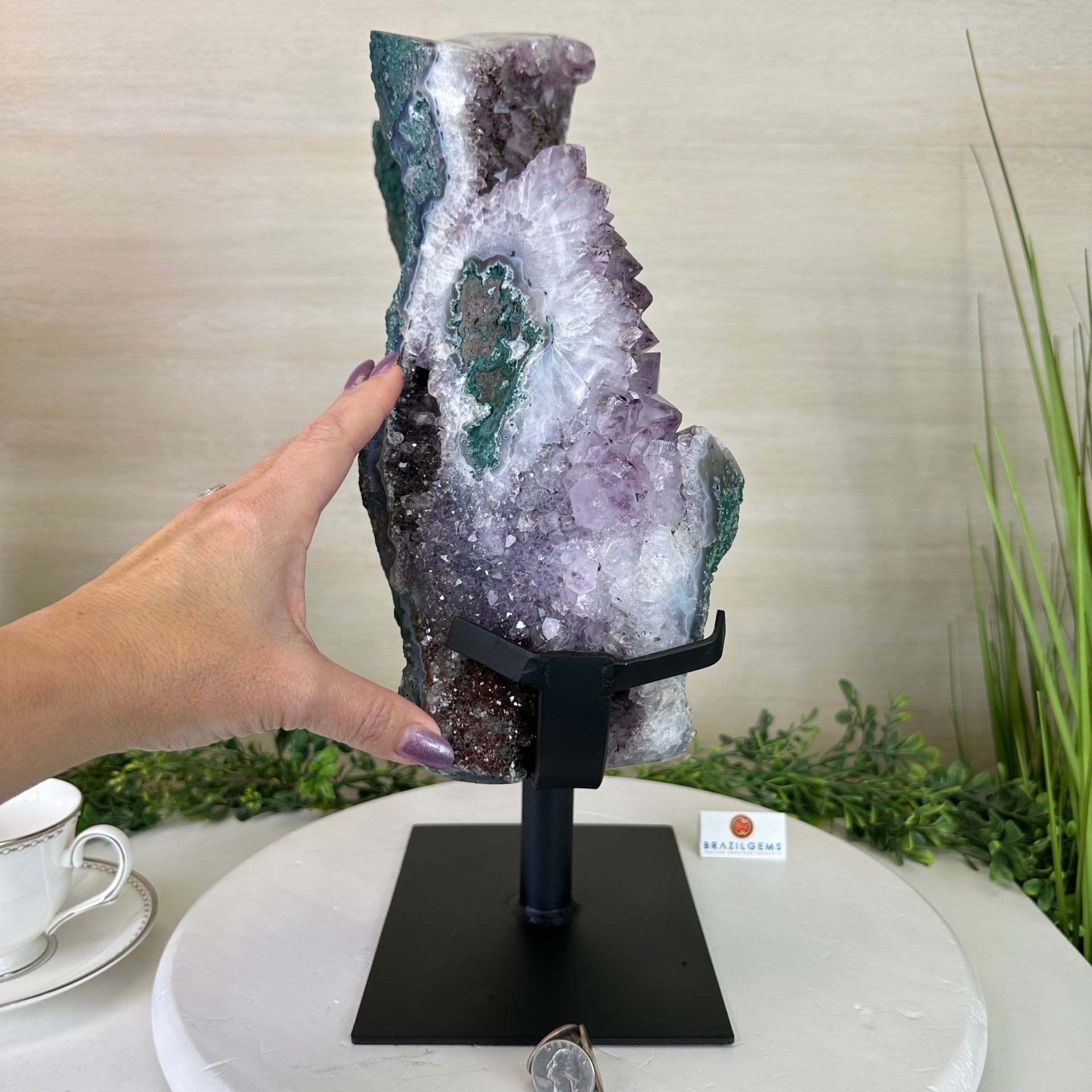 Amethyst Cluster on a Metal Base, 29.3 lbs & 16.6" Tall #5491 - 0244 - Brazil GemsBrazil GemsAmethyst Cluster on a Metal Base, 29.3 lbs & 16.6" Tall #5491 - 0244Clusters on Fixed Bases5491 - 0244