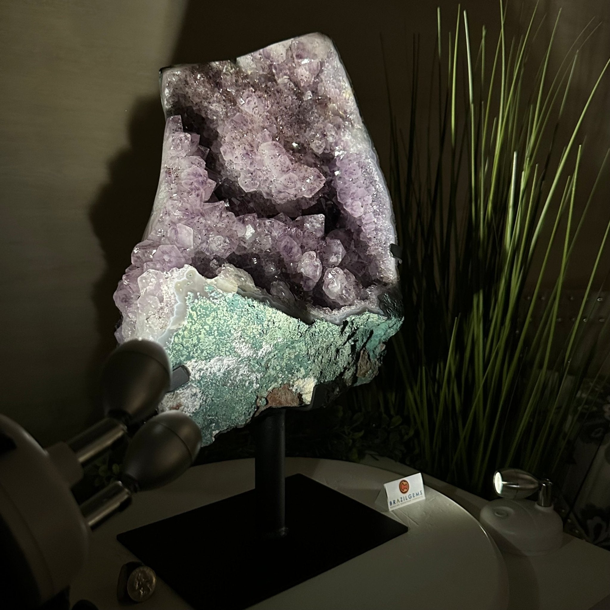 Amethyst Cluster on a Metal Base, 29.3 lbs & 16.6" Tall #5491 - 0244 - Brazil GemsBrazil GemsAmethyst Cluster on a Metal Base, 29.3 lbs & 16.6" Tall #5491 - 0244Clusters on Fixed Bases5491 - 0244