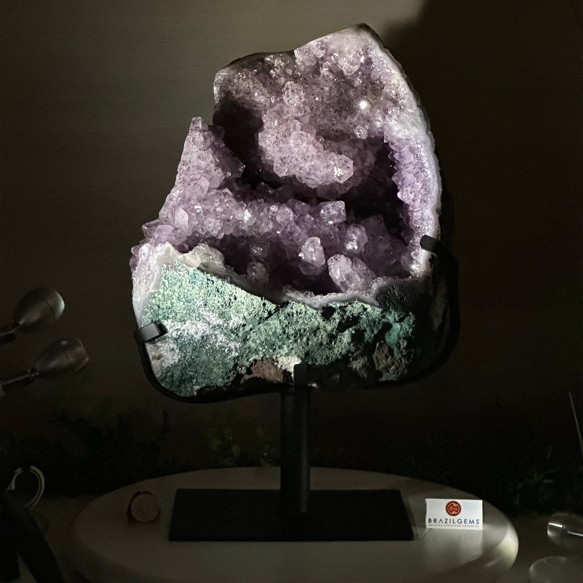 Amethyst Cluster on a Metal Base, 29.3 lbs & 16.6" Tall #5491 - 0244 - Brazil GemsBrazil GemsAmethyst Cluster on a Metal Base, 29.3 lbs & 16.6" Tall #5491 - 0244Clusters on Fixed Bases5491 - 0244