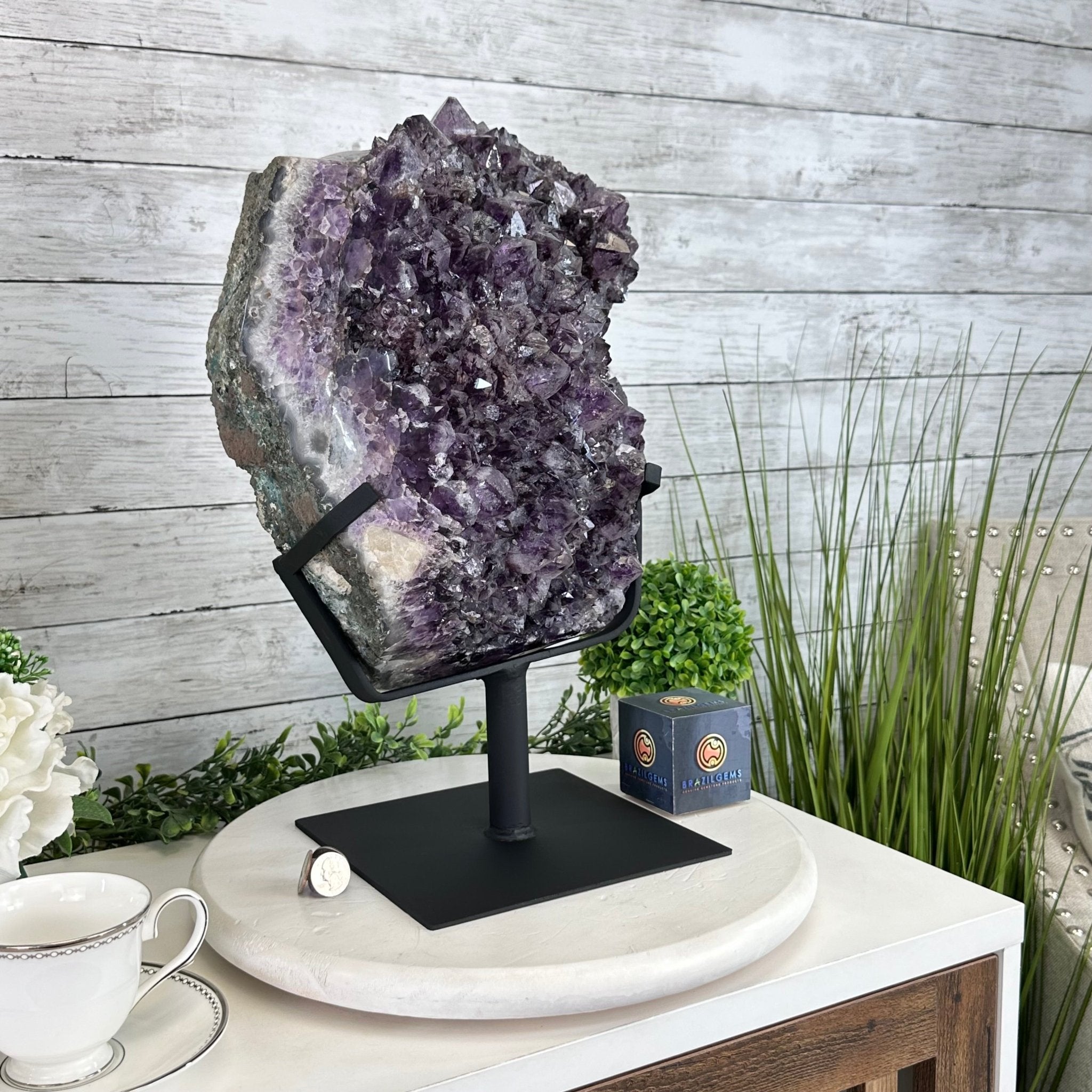 Amethyst Cluster on a Metal Base, 54.2 lbs & 16.8" Tall, #5491 - 0109 - Brazil GemsBrazil GemsAmethyst Cluster on a Metal Base, 54.2 lbs & 16.8" Tall, #5491 - 0109Clusters on Fixed Bases5491 - 0109