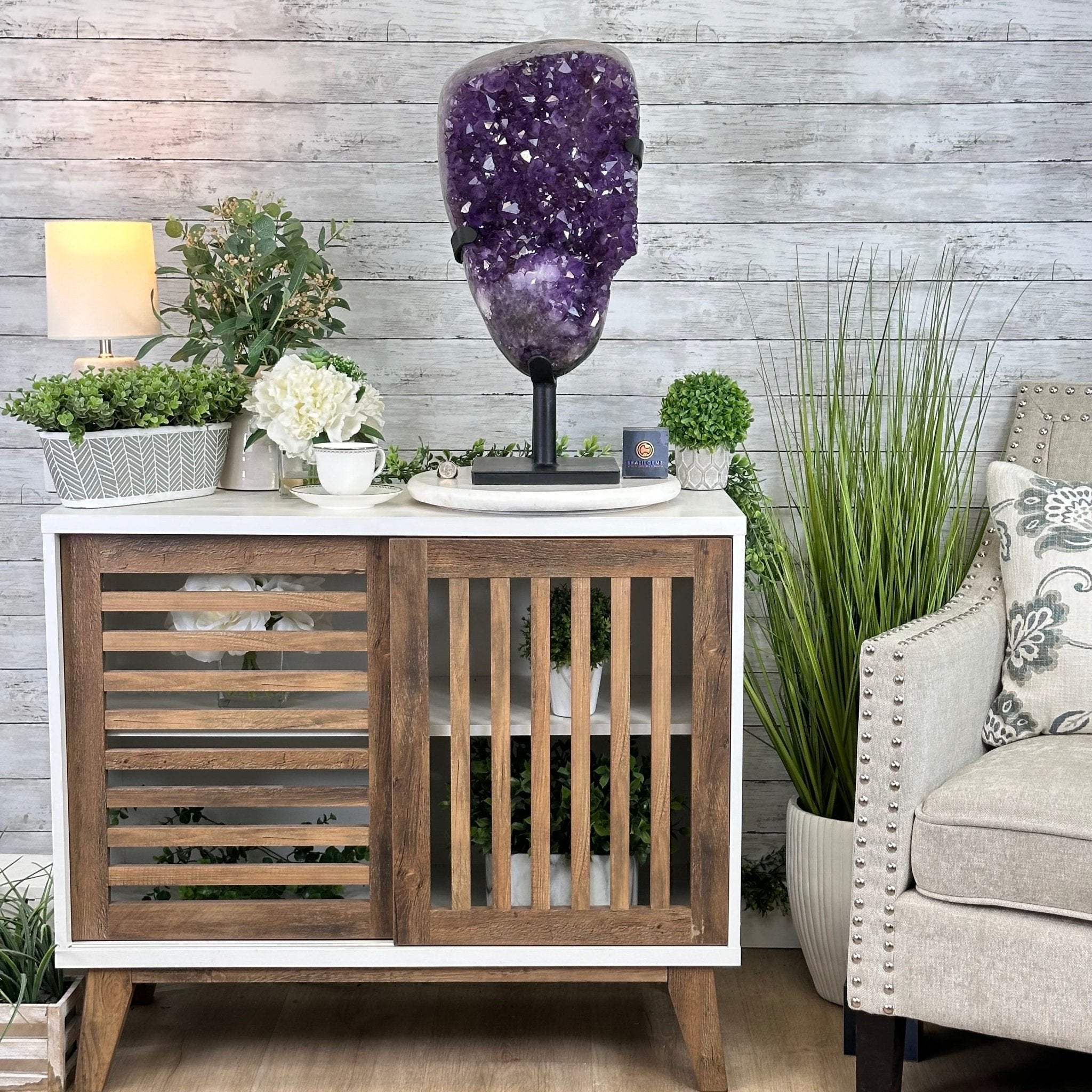 Amethyst Cluster on a Metal Base, 69.9 lbs & 23.1" Tall #5491 - 0146 - Brazil GemsBrazil GemsAmethyst Cluster on a Metal Base, 69.9 lbs & 23.1" Tall #5491 - 0146Clusters on Fixed Bases5491 - 0146