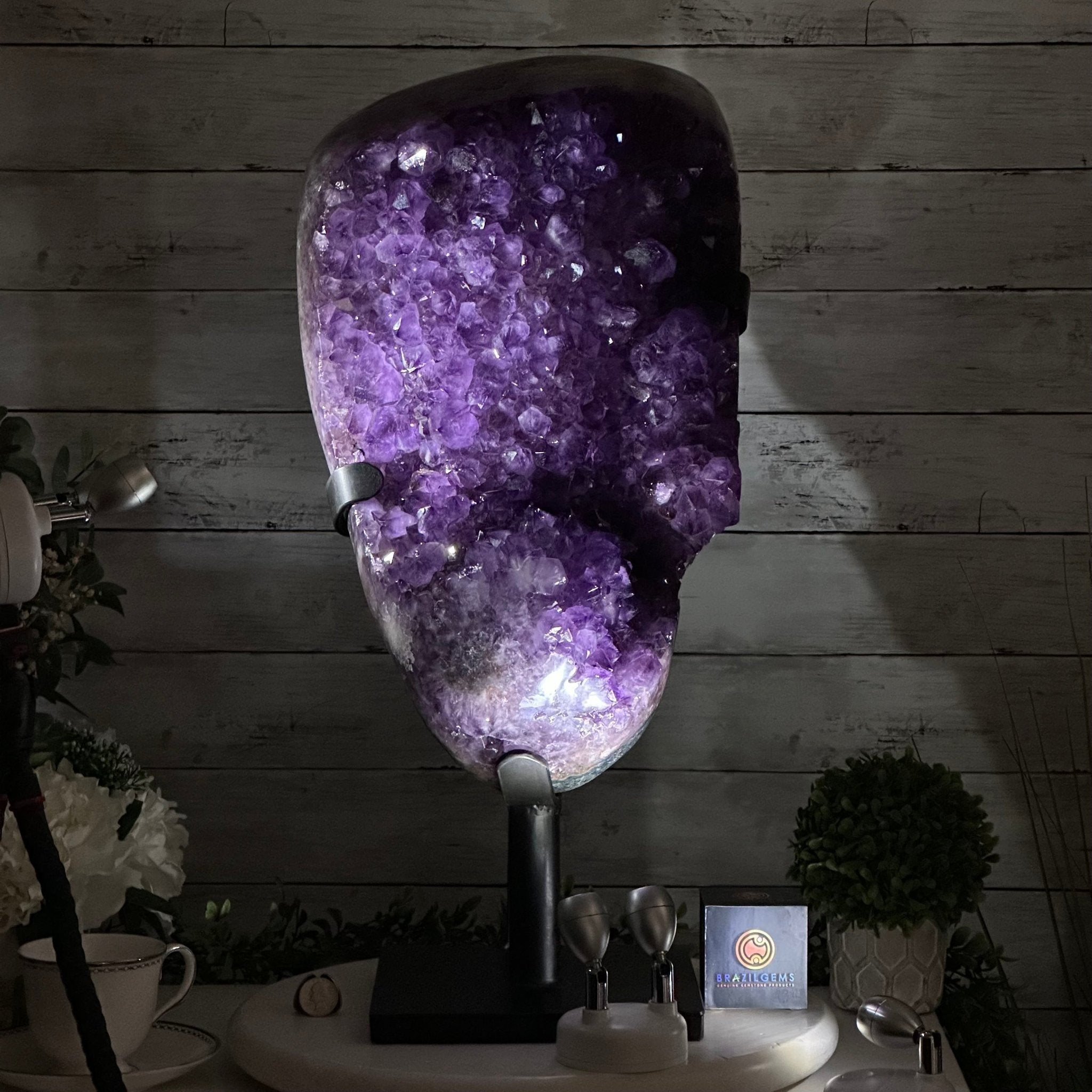 Amethyst Cluster on a Metal Base, 69.9 lbs & 23.1" Tall #5491 - 0146 - Brazil GemsBrazil GemsAmethyst Cluster on a Metal Base, 69.9 lbs & 23.1" Tall #5491 - 0146Clusters on Fixed Bases5491 - 0146