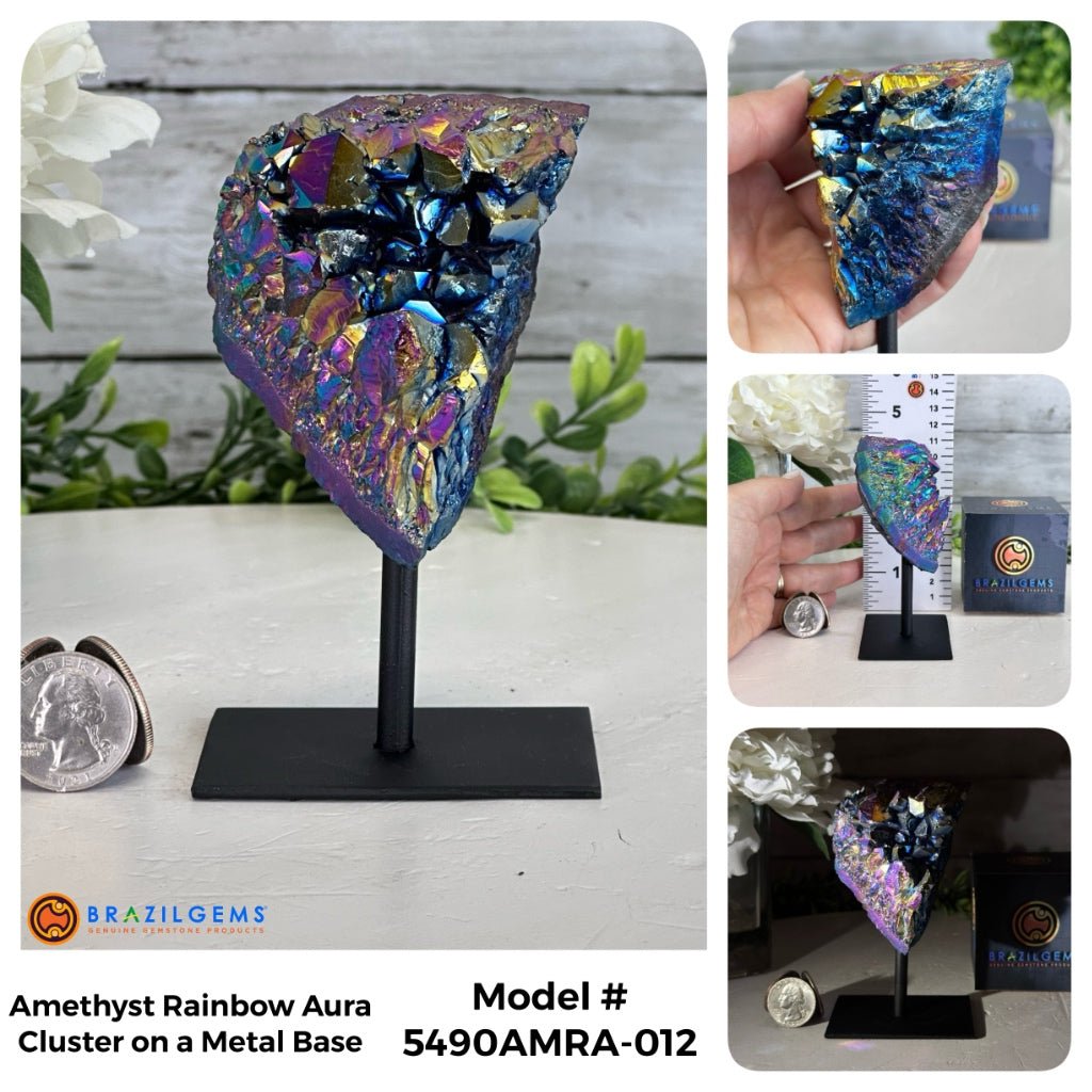 Amethyst Rainbow Aura Cluster on Stand, Select Your Item #5490AMRA - Brazil GemsBrazil GemsAmethyst Rainbow Aura Cluster on Stand, Select Your Item #5490AMRASmall Clusters on Metal Bases5490AMRA-012