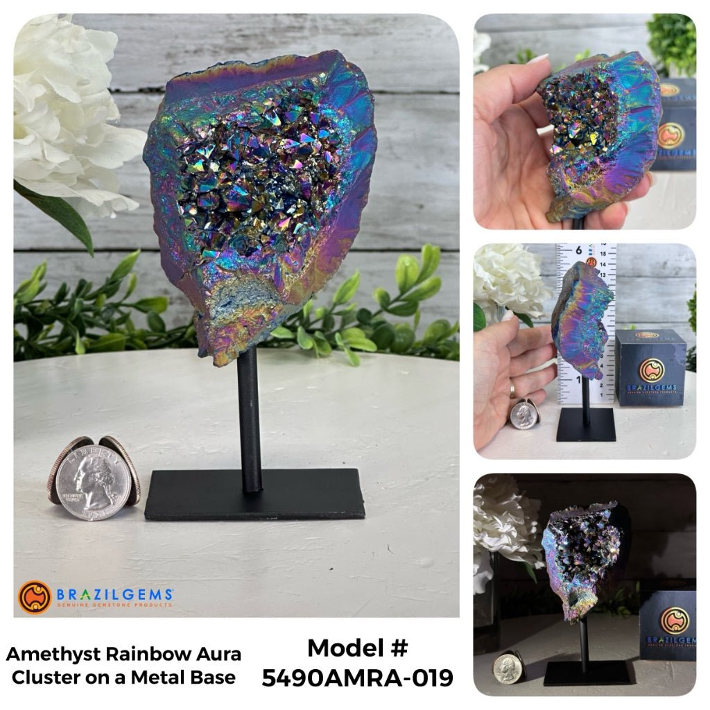 Amethyst Rainbow Aura Cluster on Stand, Select Your Item #5490AMRA - Brazil GemsBrazil GemsAmethyst Rainbow Aura Cluster on Stand, Select Your Item #5490AMRASmall Clusters on Metal Bases5490AMRA-019