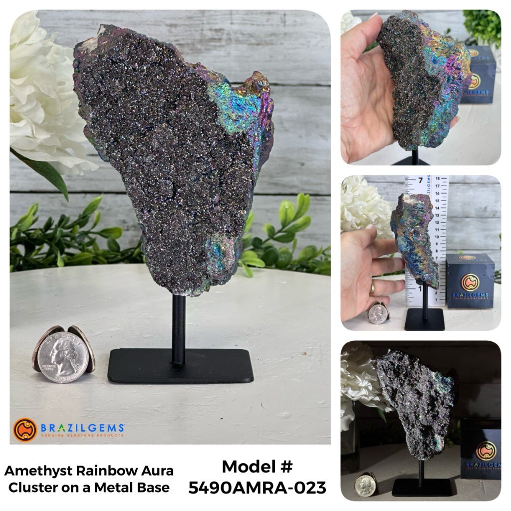 Amethyst Rainbow Aura Cluster on Stand, Select Your Item #5490AMRA - Brazil GemsBrazil GemsAmethyst Rainbow Aura Cluster on Stand, Select Your Item #5490AMRASmall Clusters on Metal Bases5490AMRA-023