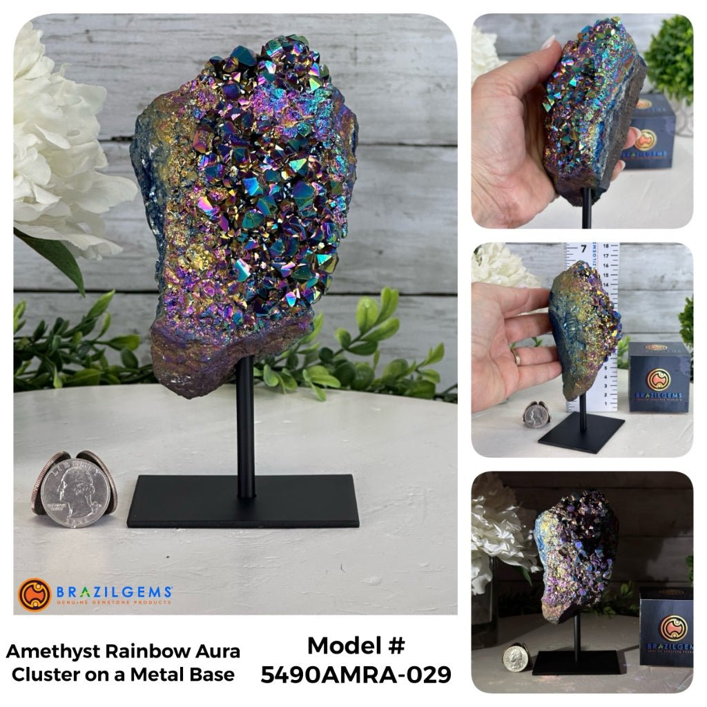 Amethyst Rainbow Aura Cluster on Stand, Select Your Item #5490AMRA - Brazil GemsBrazil GemsAmethyst Rainbow Aura Cluster on Stand, Select Your Item #5490AMRASmall Clusters on Metal Bases5490AMRA-029
