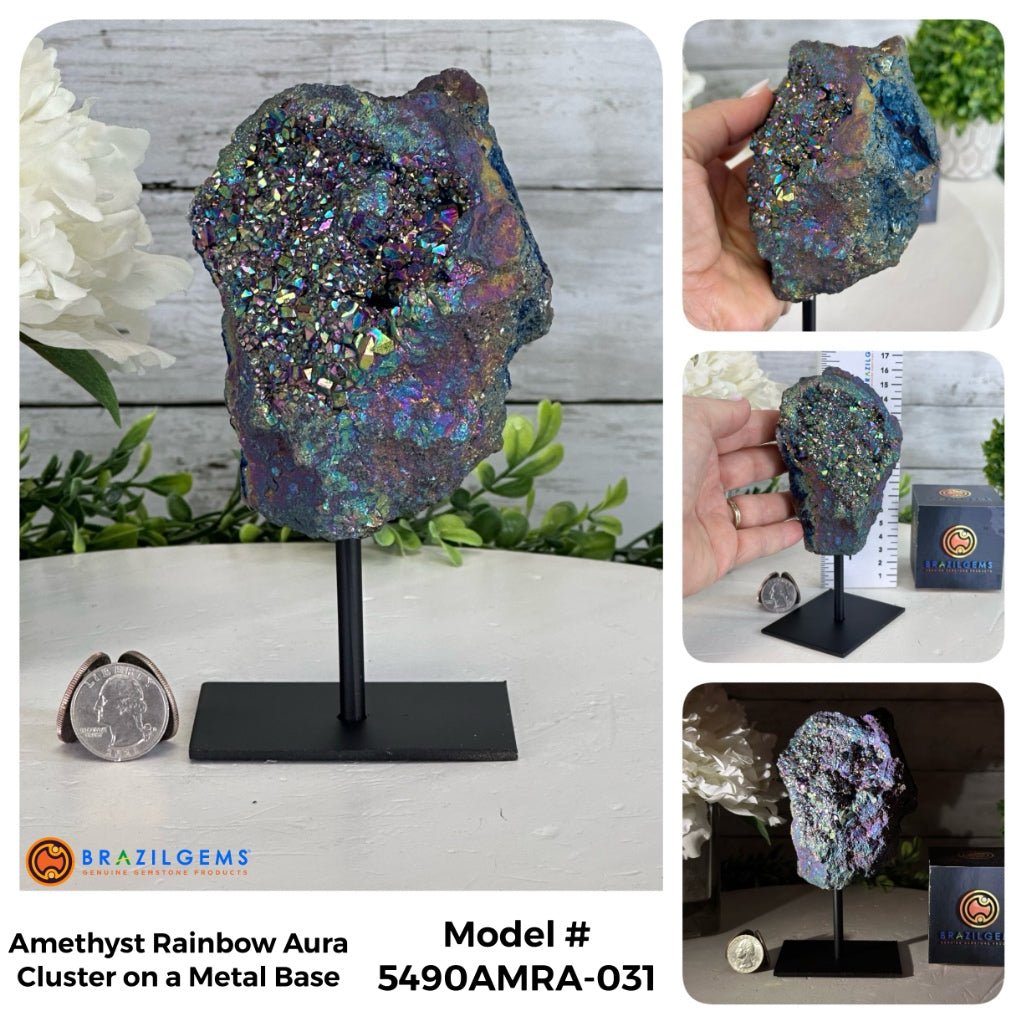 Amethyst Rainbow Aura Cluster on Stand, Select Your Item #5490AMRA - Brazil GemsBrazil GemsAmethyst Rainbow Aura Cluster on Stand, Select Your Item #5490AMRASmall Clusters on Metal Bases5490AMRA-031