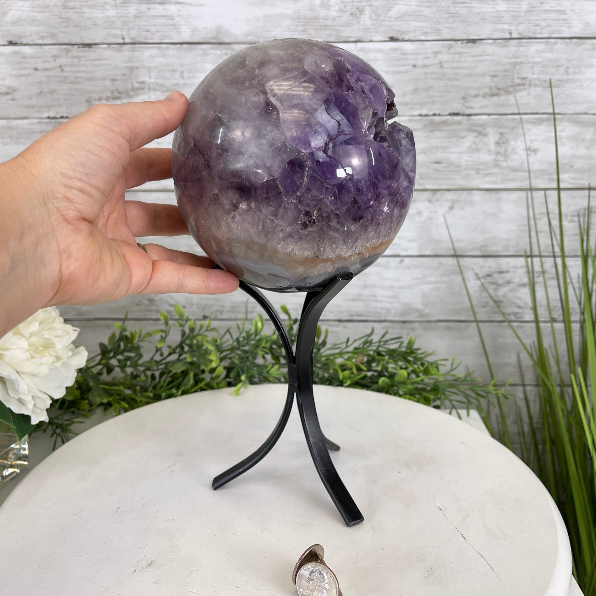 Amethyst Sphere on a Metal Base, 10.5 lbs & 11.5" Tall Model #5630-0010 by Brazil Gems - Brazil GemsBrazil GemsAmethyst Sphere on a Metal Base, 10.5 lbs & 11.5" Tall Model #5630-0010 by Brazil GemsSpheres5630-0010