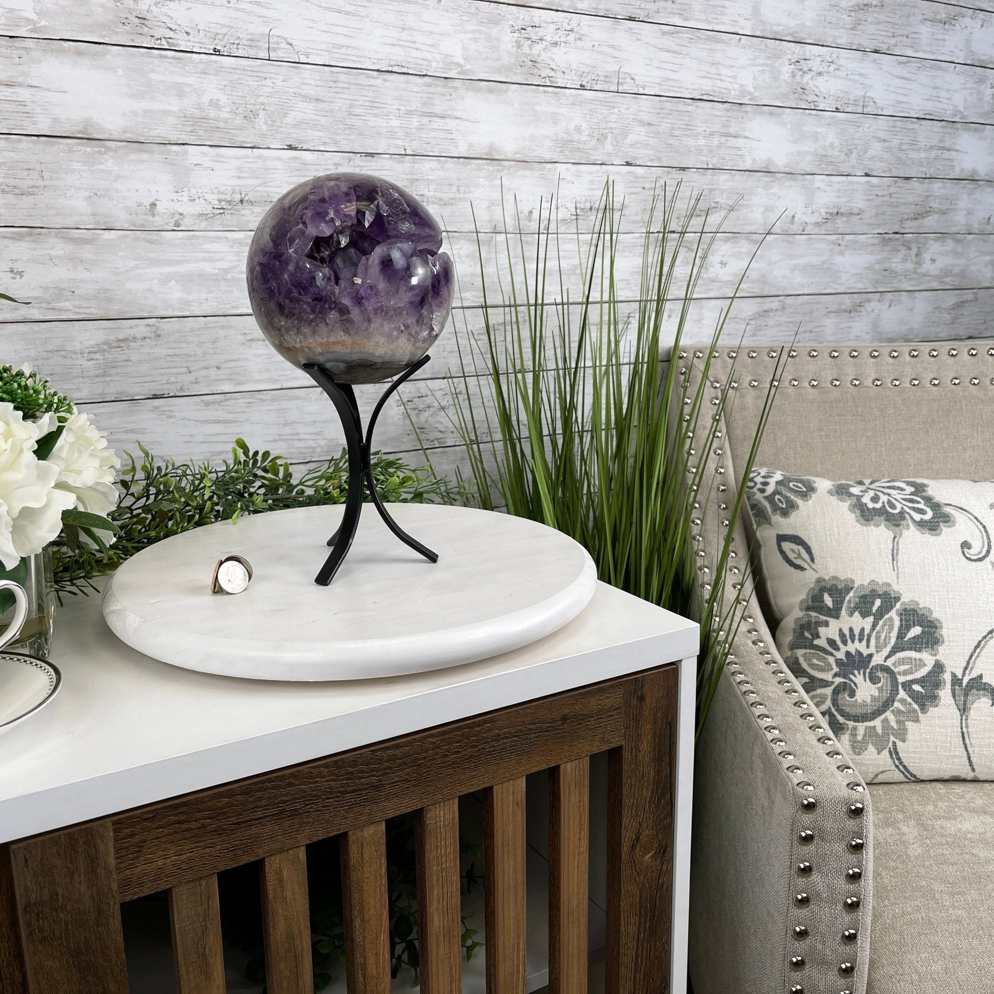 Amethyst Sphere on a Metal Base, 10.5 lbs & 11.5" Tall Model #5630-0010 by Brazil Gems - Brazil GemsBrazil GemsAmethyst Sphere on a Metal Base, 10.5 lbs & 11.5" Tall Model #5630-0010 by Brazil GemsSpheres5630-0010