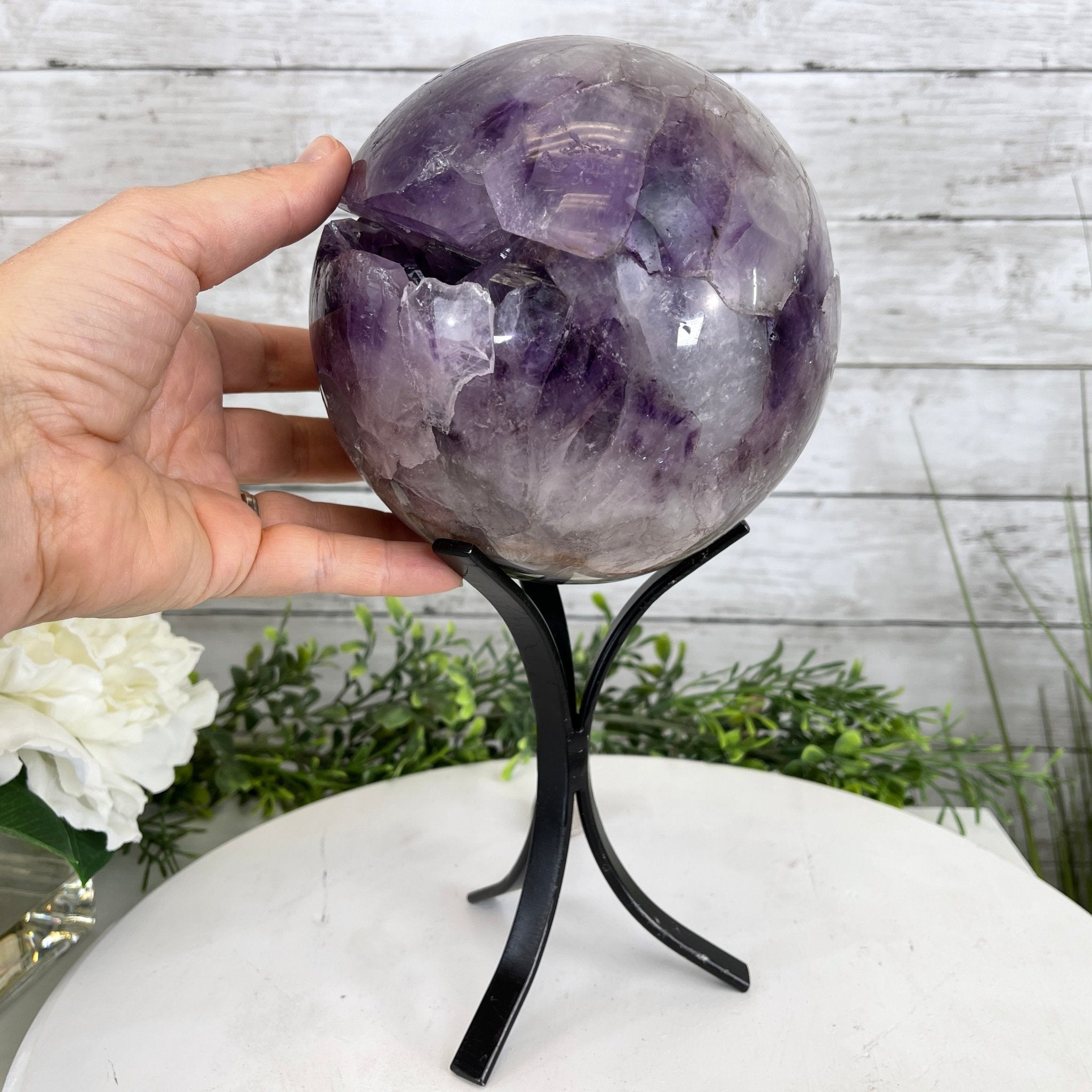 Amethyst Sphere on a Metal Base, 10.5 lbs & 11.5" Tall Model #5630-0010 by Brazil Gems - Brazil GemsBrazil GemsAmethyst Sphere on a Metal Base, 10.5 lbs & 11.5" Tall Model #5630-0010 by Brazil GemsSpheres5630-0010