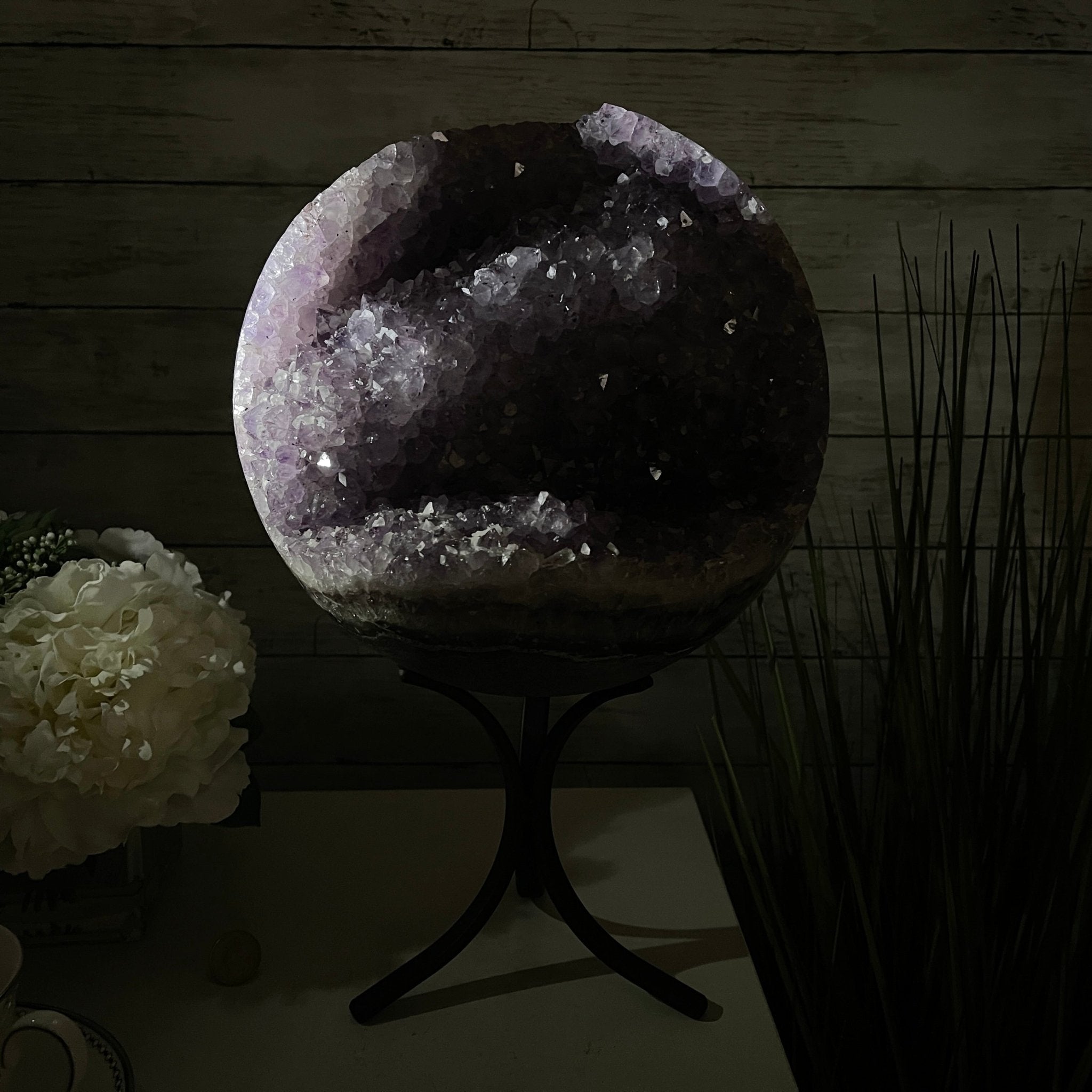 Amethyst Sphere on a Metal Base 33.5 lbs & 15" Tall Model #5630-0001 by Brazil Gems - Brazil GemsBrazil GemsAmethyst Sphere on a Metal Base 33.5 lbs & 15" Tall Model #5630-0001 by Brazil GemsSpheres5630-0001