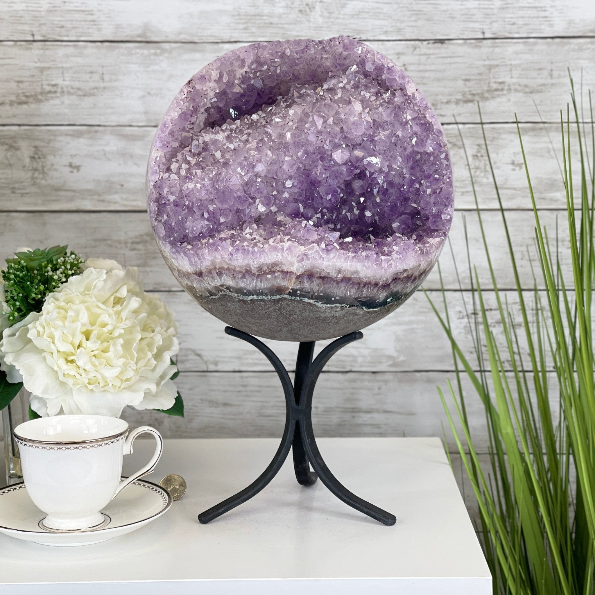 Amethyst Sphere on a Metal Base 33.5 lbs & 15" Tall Model #5630-0001 by Brazil Gems - Brazil GemsBrazil GemsAmethyst Sphere on a Metal Base 33.5 lbs & 15" Tall Model #5630-0001 by Brazil GemsSpheres5630-0001