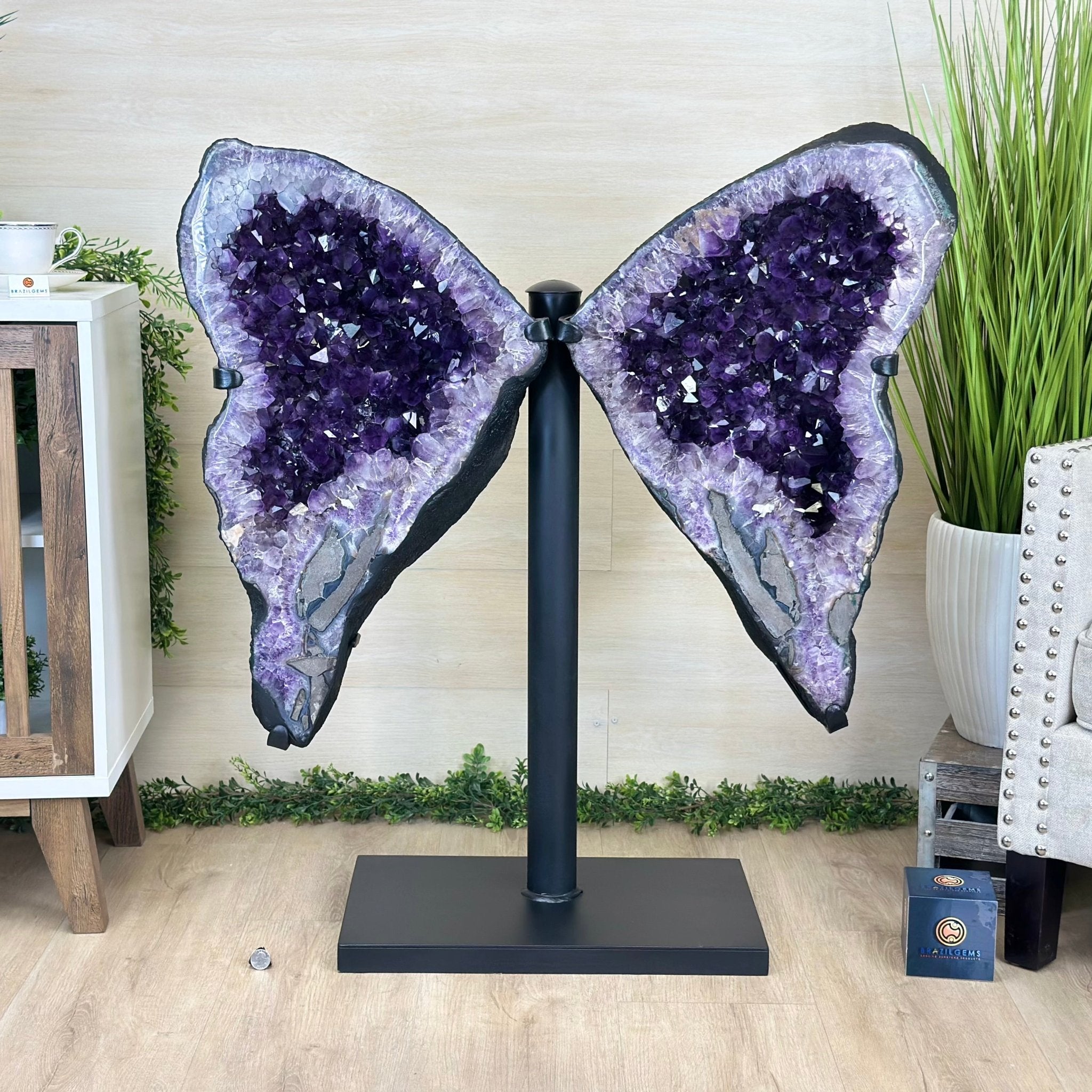 Amethyst Wings on a Metal Stand, 220.5 lbs, 39.75" Tall 5493 - 0051 - Brazil GemsBrazil GemsAmethyst Wings on a Metal Stand, 220.5 lbs, 39.75" Tall 5493 - 0051Amethyst Butterfly Wings5493 - 0051