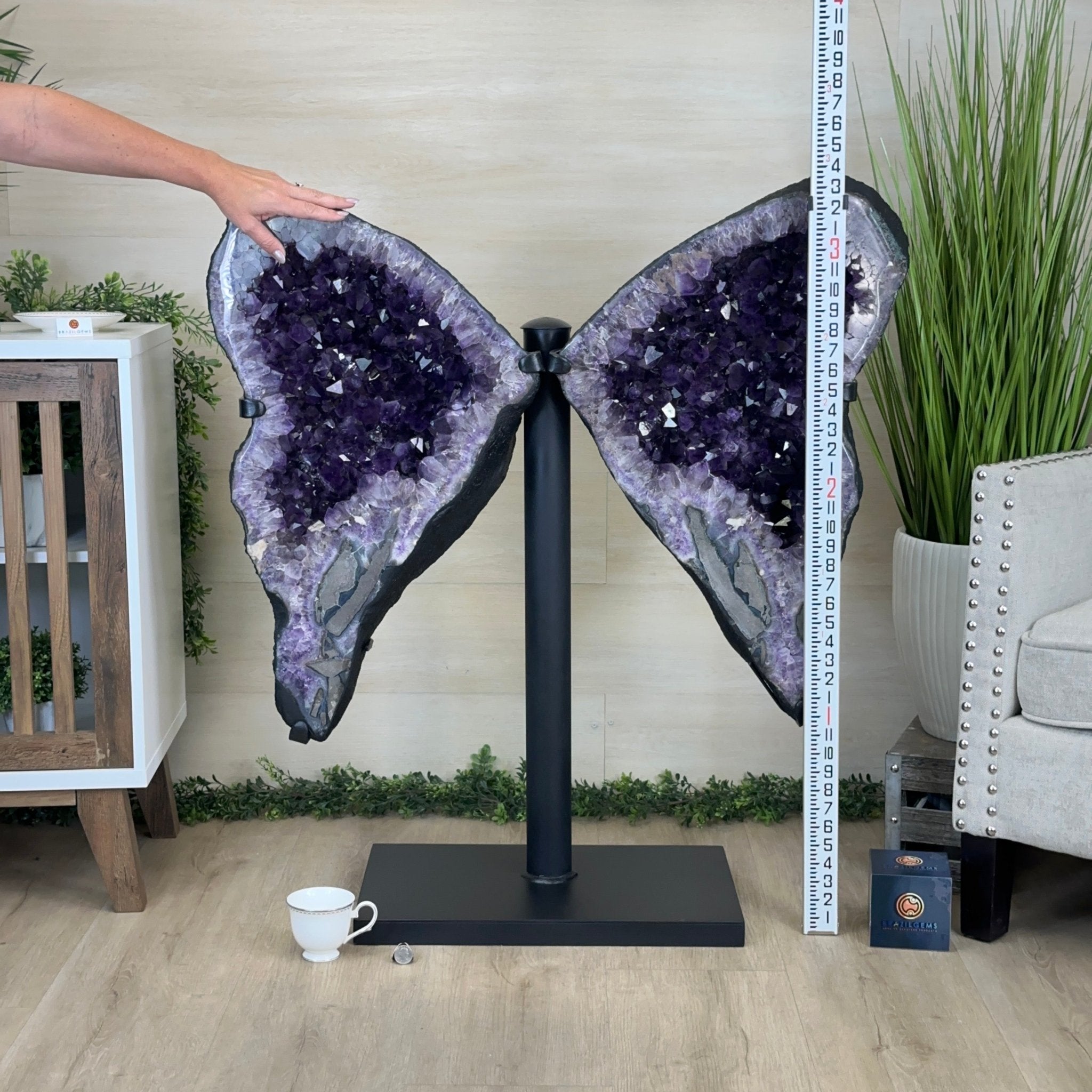 Amethyst Wings on a Metal Stand, 220.5 lbs, 39.75" Tall 5493 - 0051 - Brazil GemsBrazil GemsAmethyst Wings on a Metal Stand, 220.5 lbs, 39.75" Tall 5493 - 0051Amethyst Butterfly Wings5493 - 0051