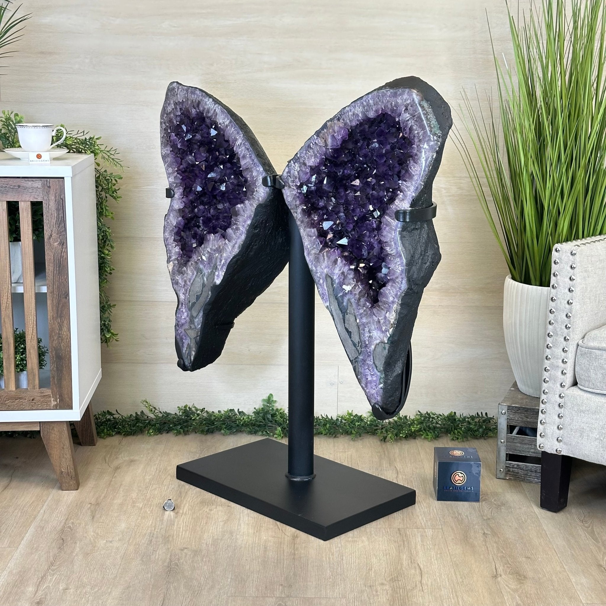 Amethyst Wings on a Metal Stand, 220.5 lbs, 39.75" Tall 5493 - 0051 - Brazil GemsBrazil GemsAmethyst Wings on a Metal Stand, 220.5 lbs, 39.75" Tall 5493 - 0051Amethyst Butterfly Wings5493 - 0051