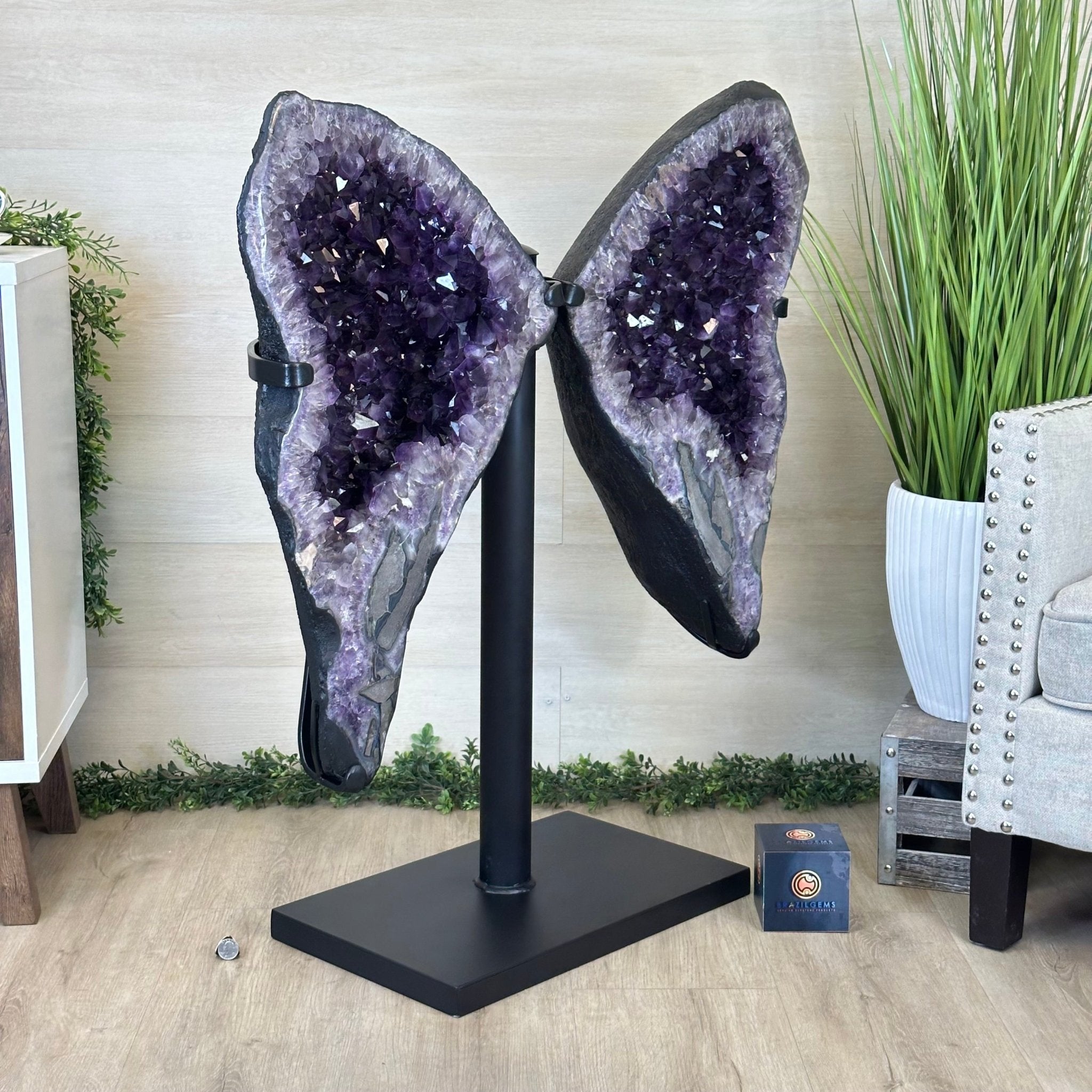 Amethyst Wings on a Metal Stand, 220.5 lbs, 39.75" Tall 5493 - 0051 - Brazil GemsBrazil GemsAmethyst Wings on a Metal Stand, 220.5 lbs, 39.75" Tall 5493 - 0051Amethyst Butterfly Wings5493 - 0051