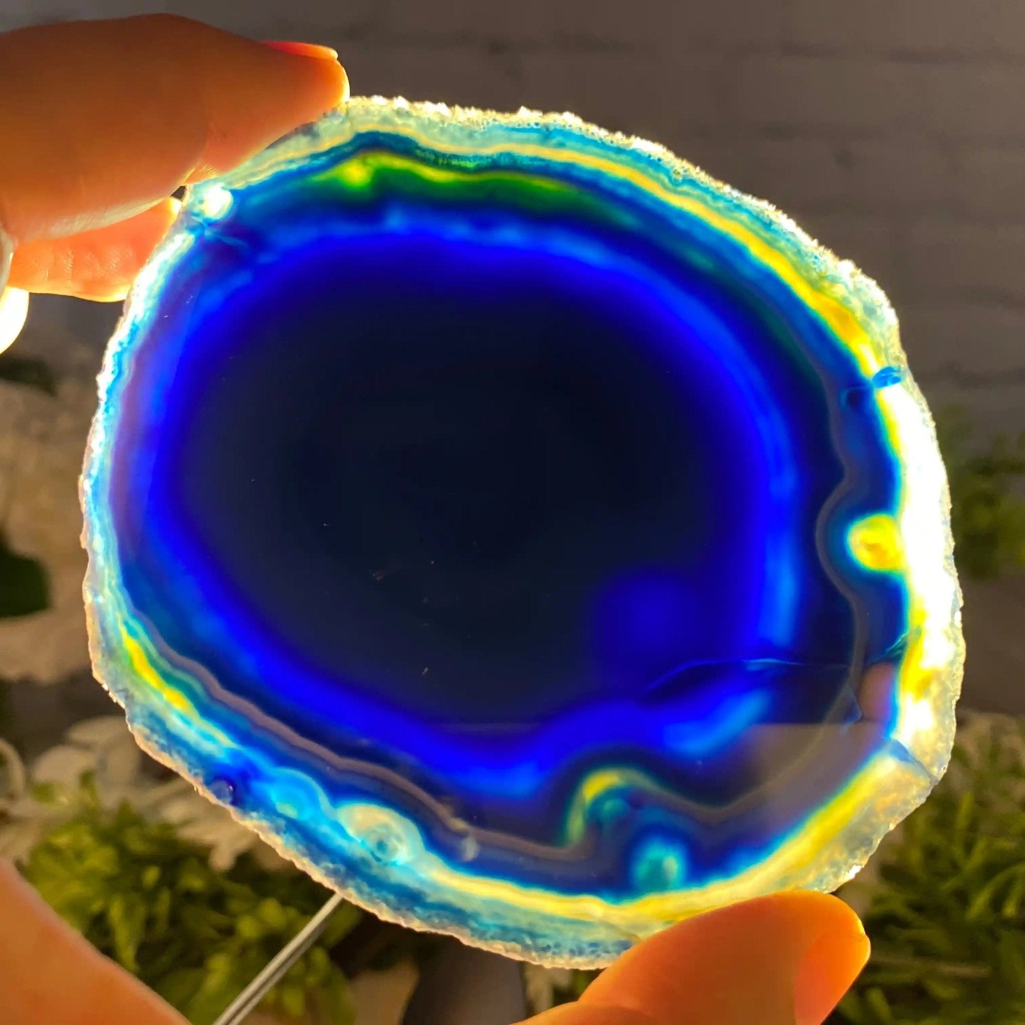 Blue Agate Coasters w/ silicone bumpers, 3.5" to 4.5" each, 4-piece set Model #5204BLUE by Brazil Gems - Brazil GemsBrazil GemsBlue Agate Coasters w/ silicone bumpers, 3.5" to 4.5" each, 4-piece set Model #5204BLUE by Brazil GemsCoaster Sets5204BLUE