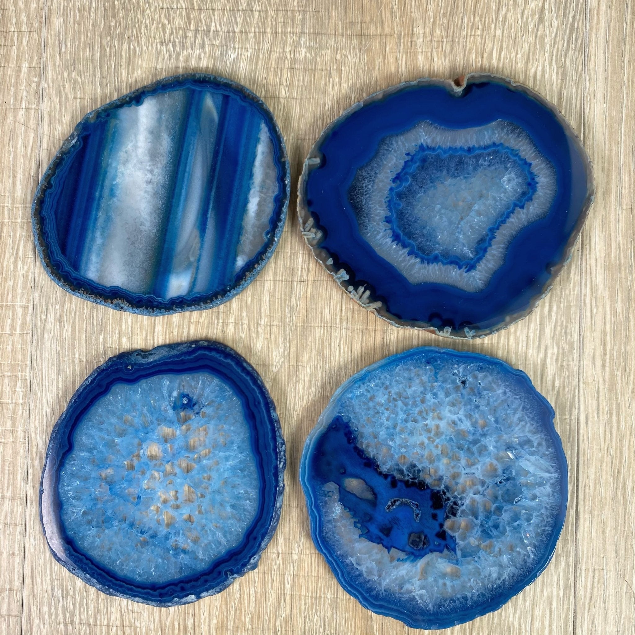 Blue Agate Coasters w/ silicone bumpers, 3.5" to 4.5" each, 4-piece set Model #5204BLUE by Brazil Gems - Brazil GemsBrazil GemsBlue Agate Coasters w/ silicone bumpers, 3.5" to 4.5" each, 4-piece set Model #5204BLUE by Brazil GemsCoaster Sets5204BLUE