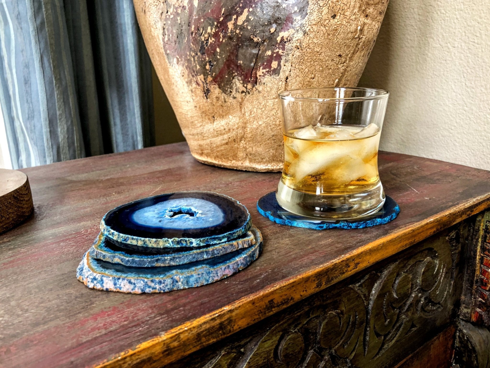 Blue Agate Coasters w/ silicone bumpers, 3.5" to 4.5" each, 4-piece set Model #5204BLUE by Brazil Gems - Brazil GemsBrazil GemsBlue Agate Coasters w/ silicone bumpers, 3.5" to 4.5" each, 4-piece set Model #5204BLUE by Brazil GemsCoaster Sets5204BLUE