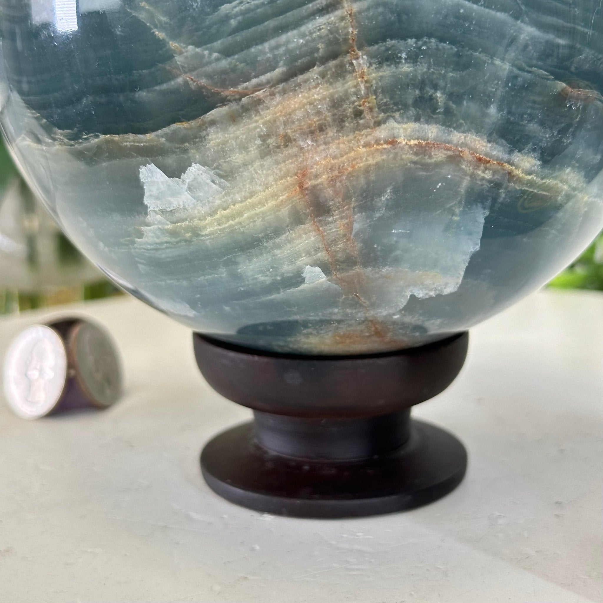Blue Onyx Quartz Sphere on a Wood Stand, 9.9 lbs & 6.9" Tall #5635 - 0005 - Brazil GemsBrazil GemsBlue Onyx Quartz Sphere on a Wood Stand, 9.9 lbs & 6.9" Tall #5635 - 0005Spheres5635 - 0005