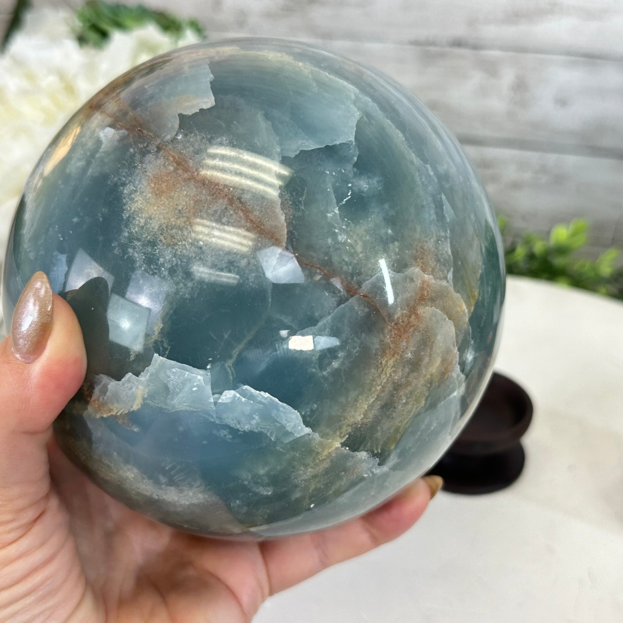Blue Onyx Quartz Sphere on a Wood Stand, 9.9 lbs & 6.9" Tall #5635 - 0005 - Brazil GemsBrazil GemsBlue Onyx Quartz Sphere on a Wood Stand, 9.9 lbs & 6.9" Tall #5635 - 0005Spheres5635 - 0005