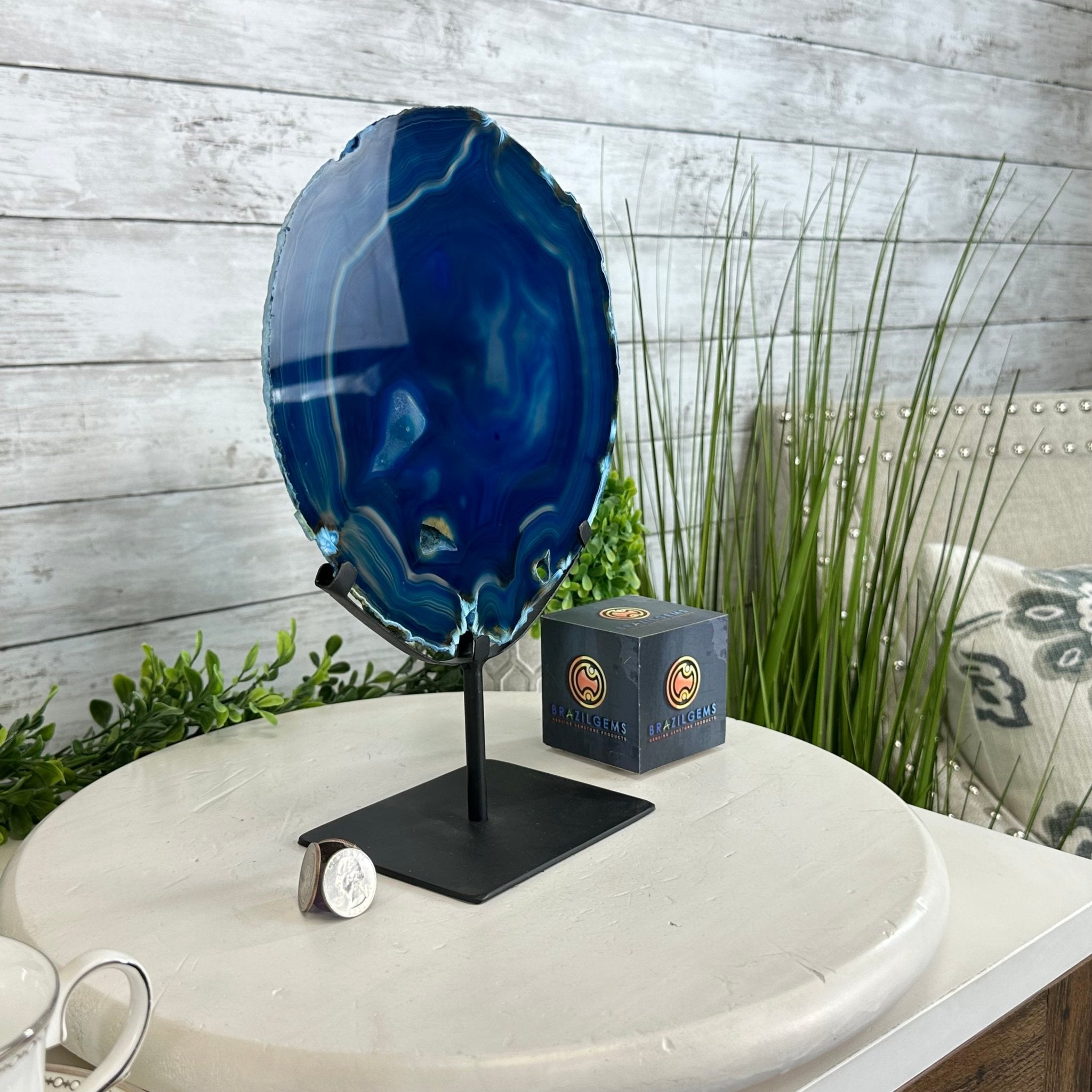 Brazilian Blue Agate Slice on a Metal Stand, 11.5" Tall #5055-0134 - Brazil GemsBrazil GemsBrazilian Blue Agate Slice on a Metal Stand, 11.5" Tall #5055-0134Slices on Fixed Bases5055-0134