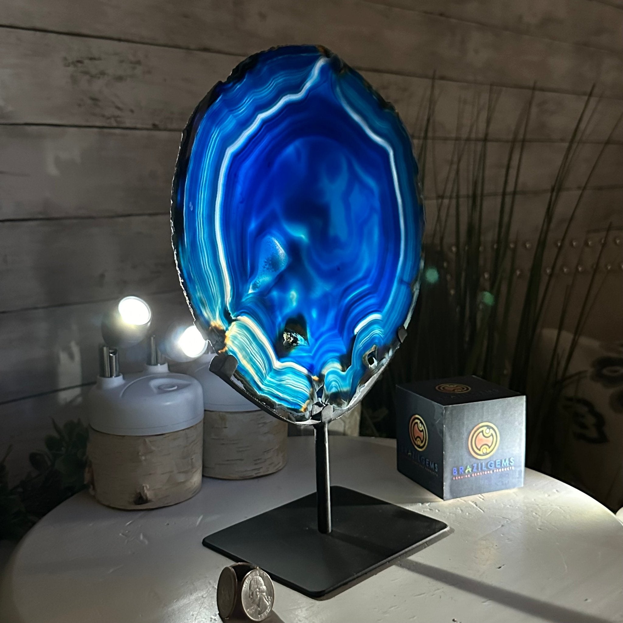 Brazilian Blue Agate Slice on a Metal Stand, 11.5" Tall #5055-0134 - Brazil GemsBrazil GemsBrazilian Blue Agate Slice on a Metal Stand, 11.5" Tall #5055-0134Slices on Fixed Bases5055-0134